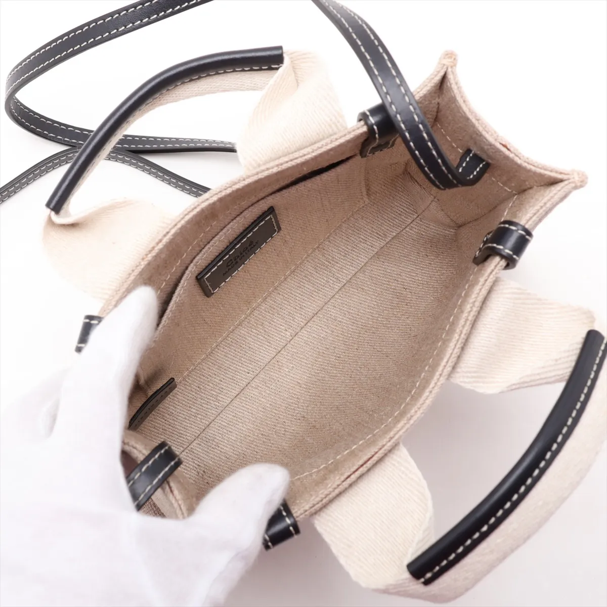 Woody Mini Canvas x Leather 2-Way Handbag, Beige x Navy — view 8