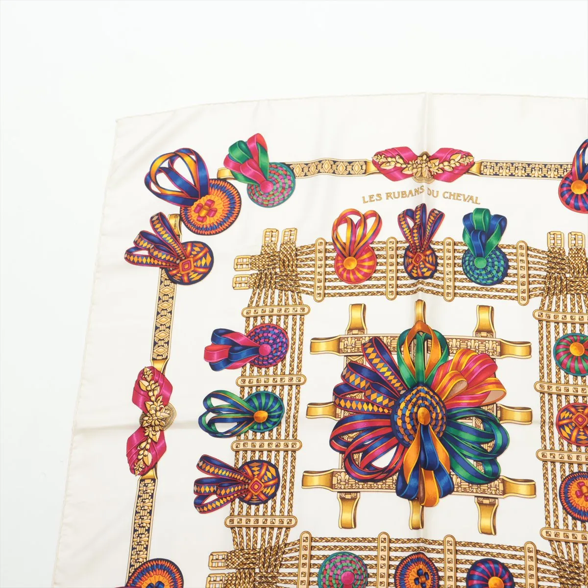 Carre 90 LES RUBANS DU CHEVAL (Horse Ribbon Trim) Scarf, Silk, Ivory, with some wear, — view 2