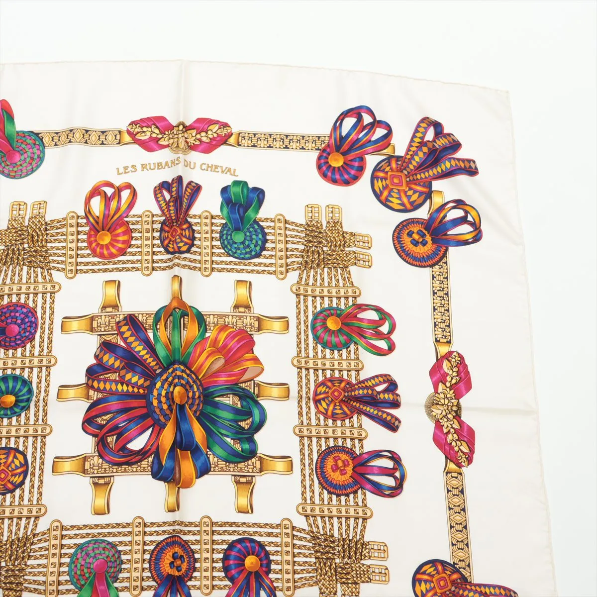 Carre 90 LES RUBANS DU CHEVAL (Horse Ribbon Trim) Scarf, Silk, Ivory, with some wear, — view 3