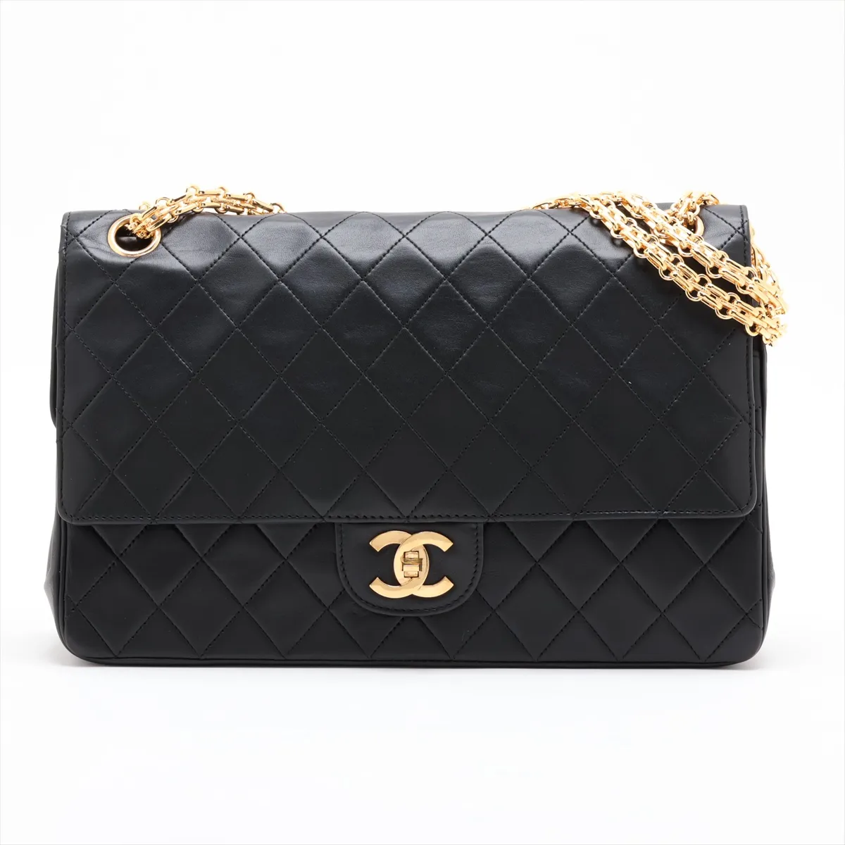Matelassé Lambskin Double Flap Double Chain Bag, Black with Gold Hardware, No Zipper Pull
