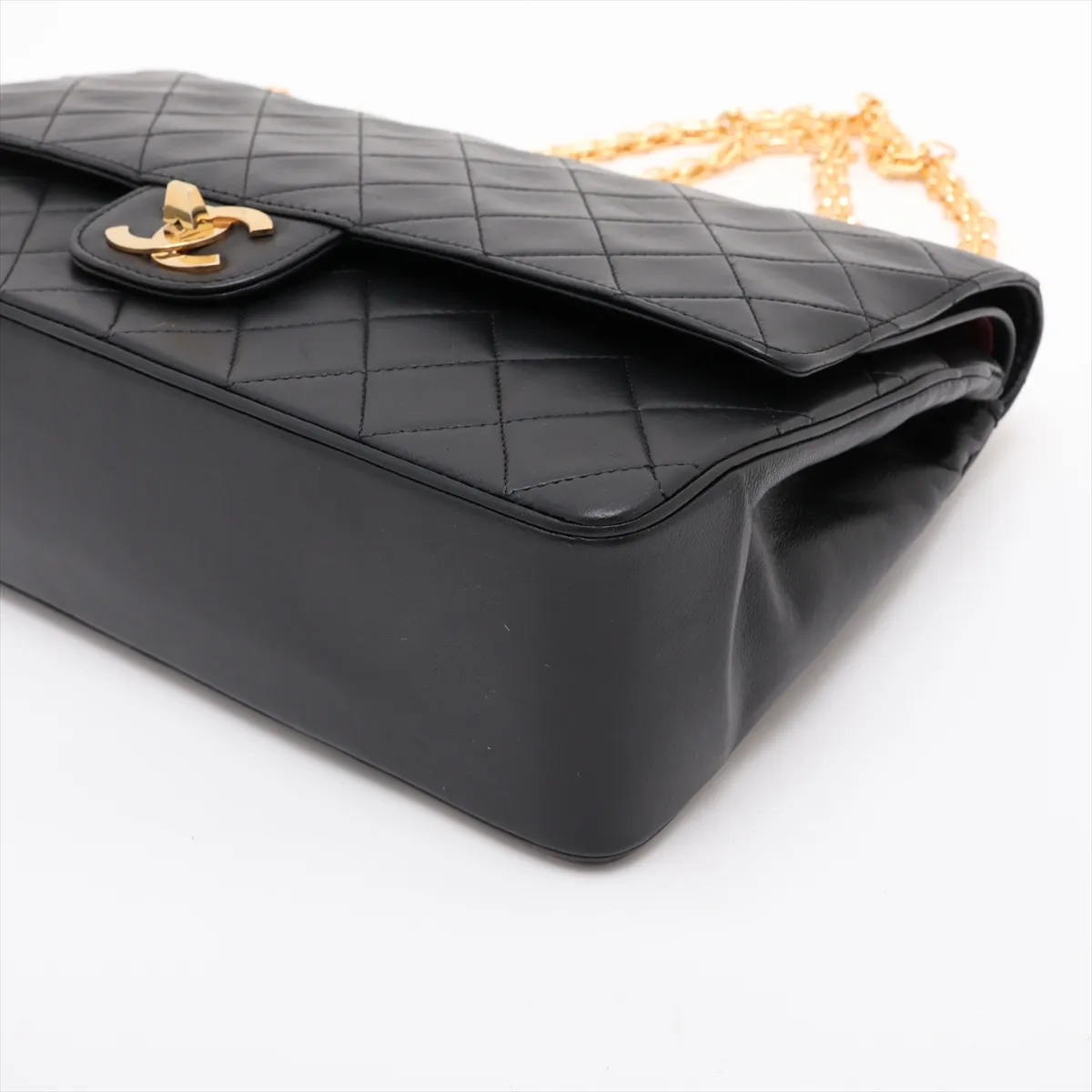 Matelassé Lambskin Double Flap Double Chain Bag, Black with Gold Hardware, No Zipper Pull — view 3