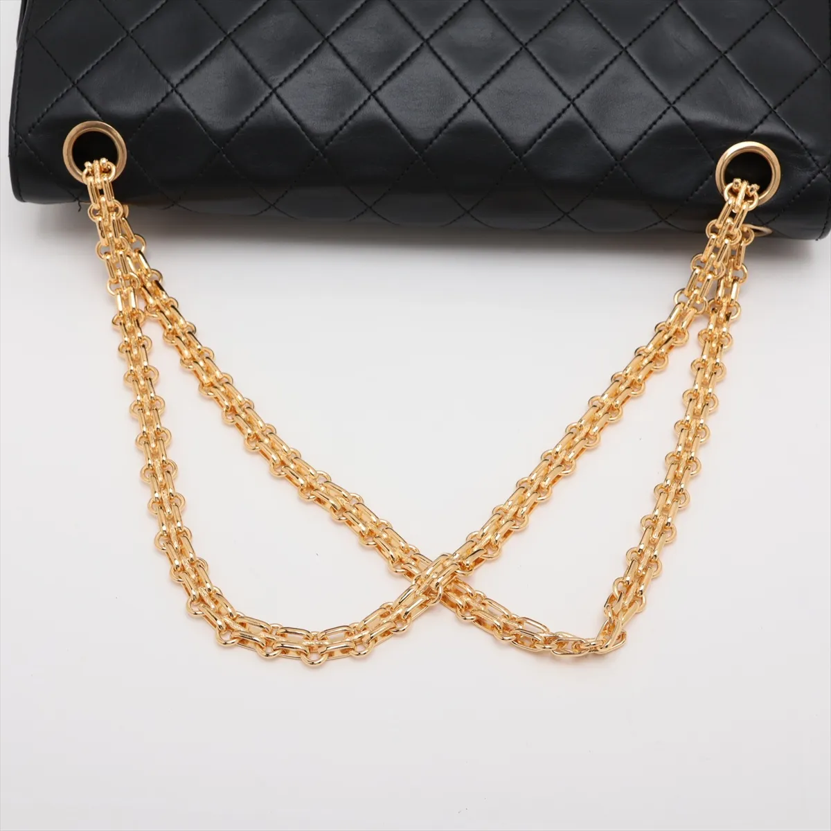 Matelassé Lambskin Double Flap Double Chain Bag, Black with Gold Hardware, No Zipper Pull — view 5