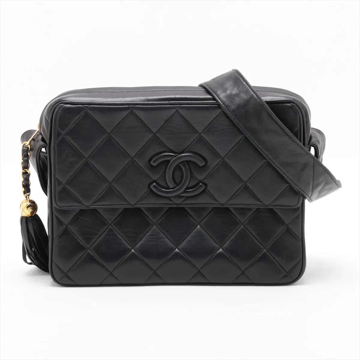 Matelassé Lambskin Shoulder Bag with Fringe, Black with Gold Hardware, 3114159, Series 3