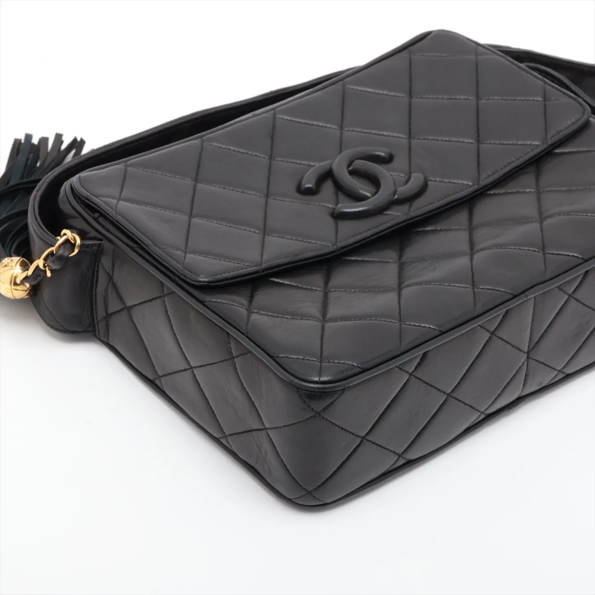 Matelassé Lambskin Shoulder Bag with Fringe, Black with Gold Hardware, 3114159, Series 3 — view 4