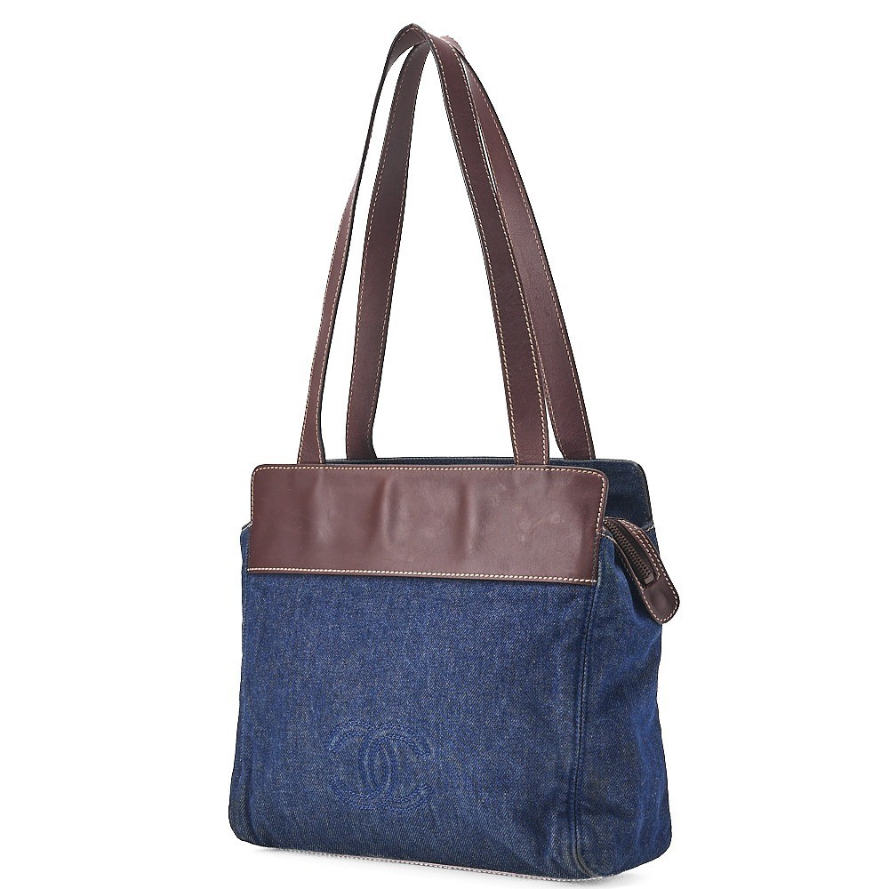 Denim tote bag with Coco Mark logo, blue x brown, gold hardware. — view 3