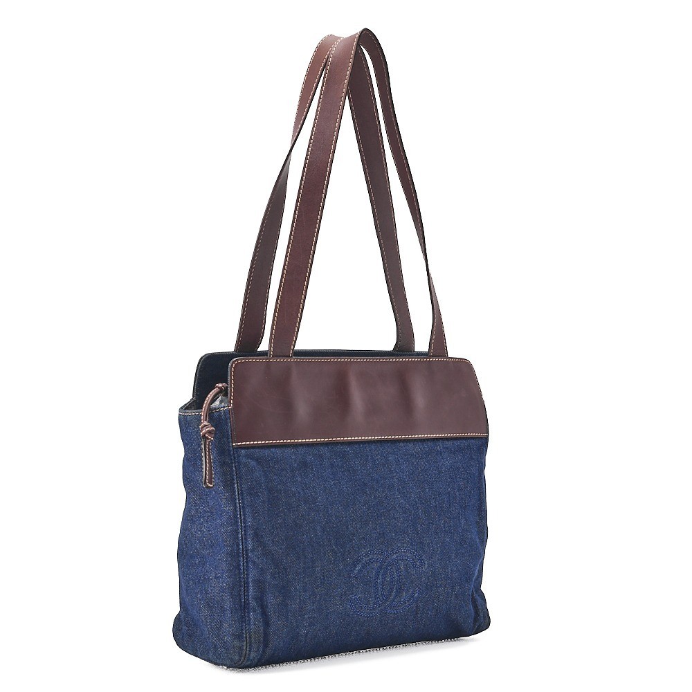 Denim tote bag with Coco Mark logo, blue x brown, gold hardware. — view 4