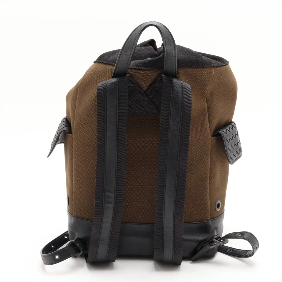 Intrecciato Canvas x Leather Backpack/Rucksack, Khaki x Black — view 2