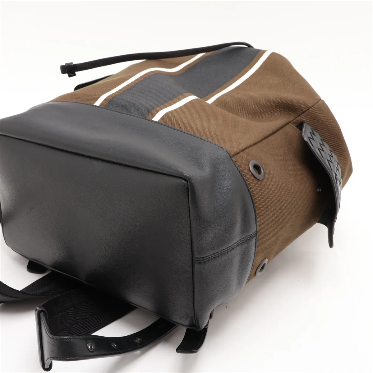 Intrecciato Canvas x Leather Backpack/Rucksack, Khaki x Black — view 3