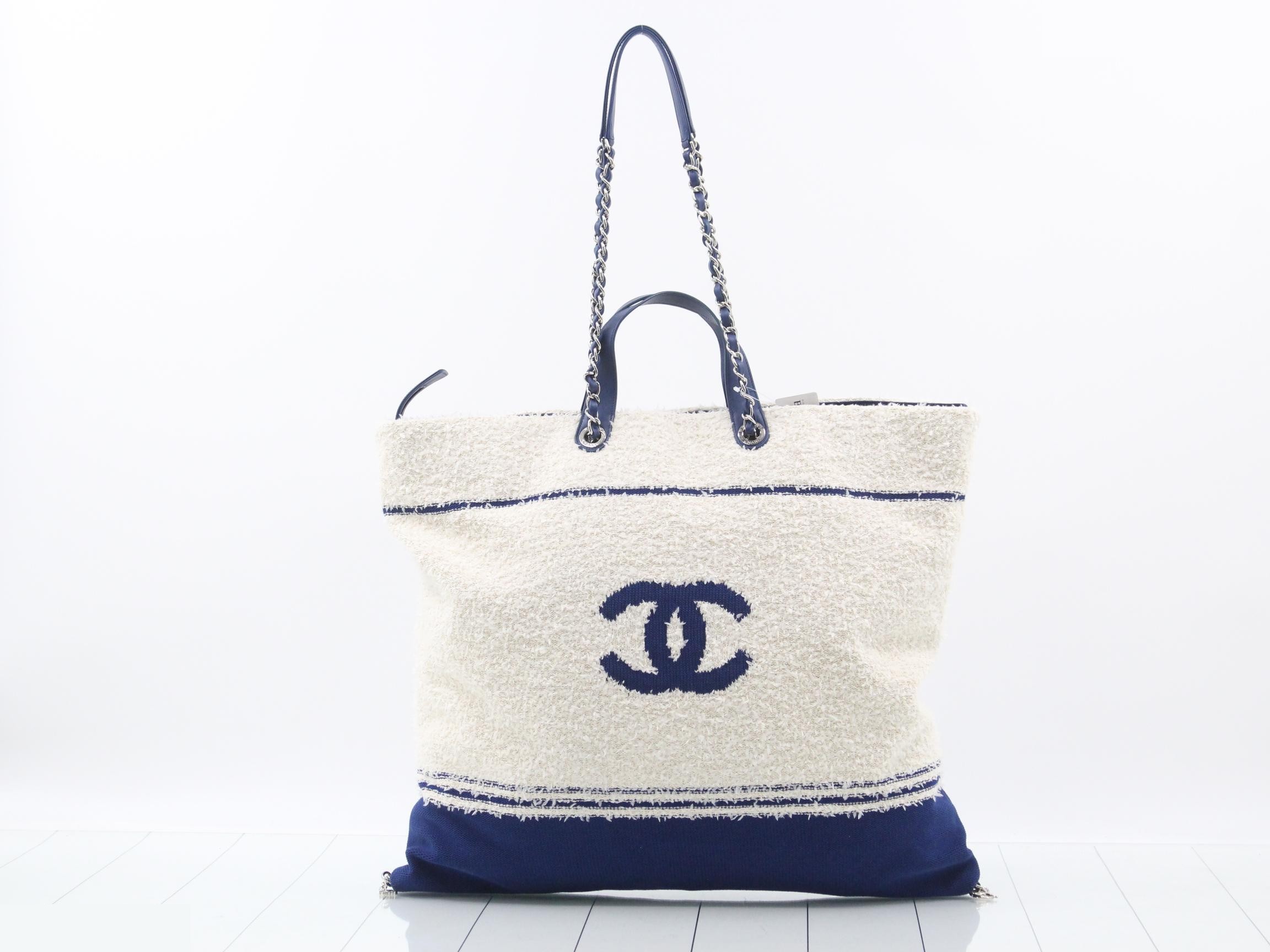 Large Shopping Bag, Terry Cloth, White/Blue — view 2