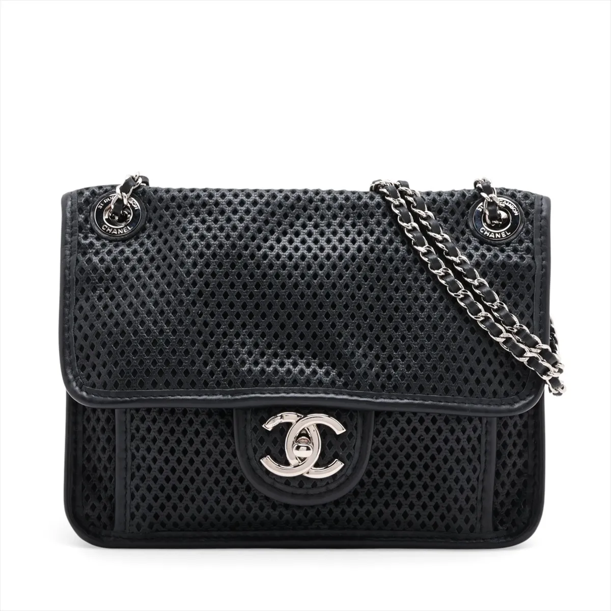 French Riviera Perforated Leather Single Flap Single Chain Bag, Black with Silver Hardware, Item No. 17499364 (Serial No. 17)