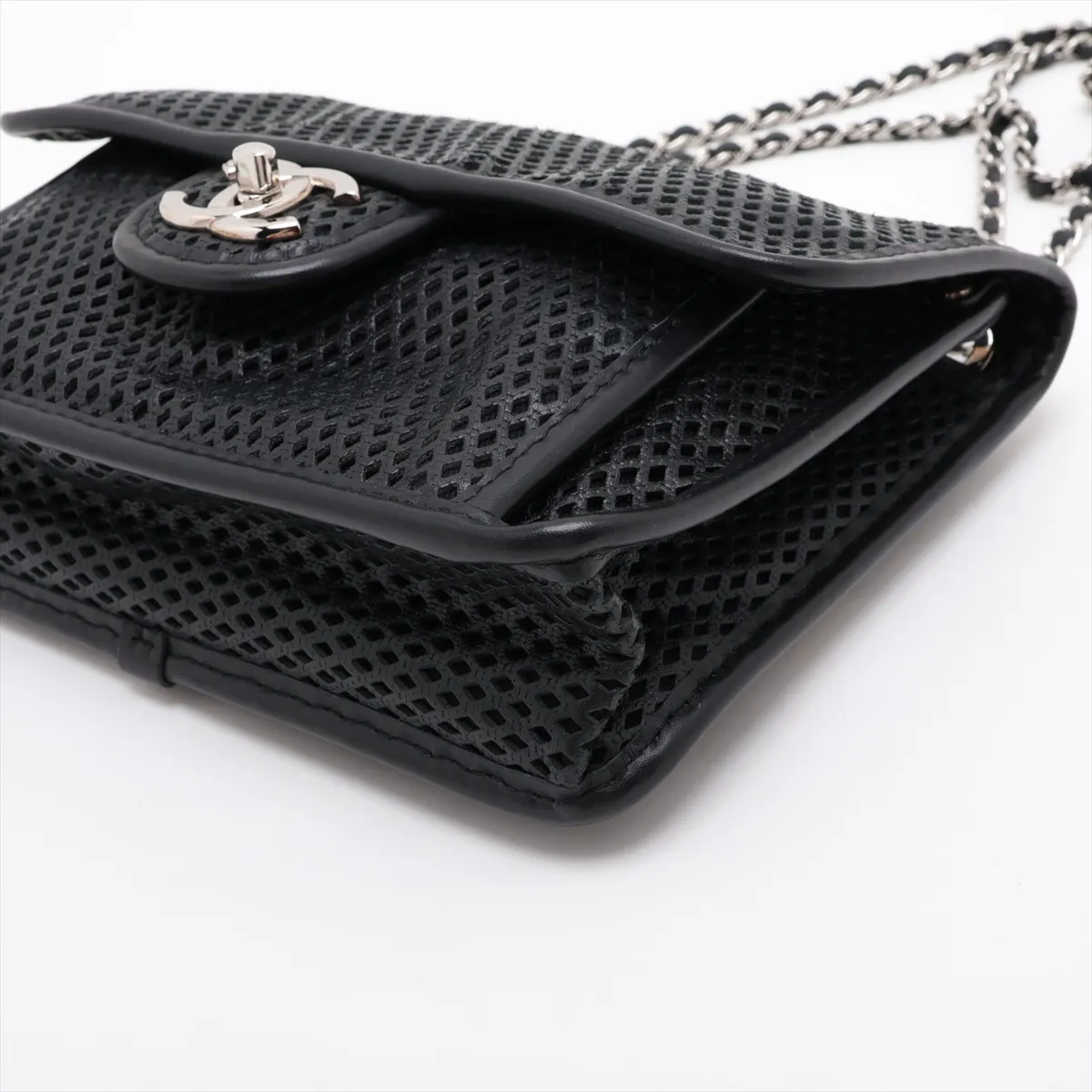 French Riviera Perforated Leather Single Flap Single Chain Bag, Black with Silver Hardware, Item No. 17499364 (Serial No. 17) — view 3