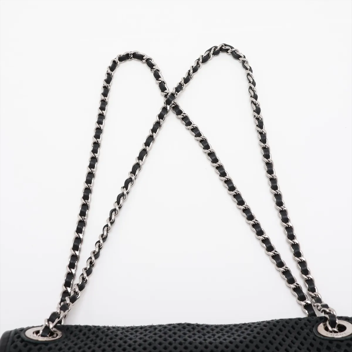 French Riviera Perforated Leather Single Flap Single Chain Bag, Black with Silver Hardware, Item No. 17499364 (Serial No. 17) — view 6