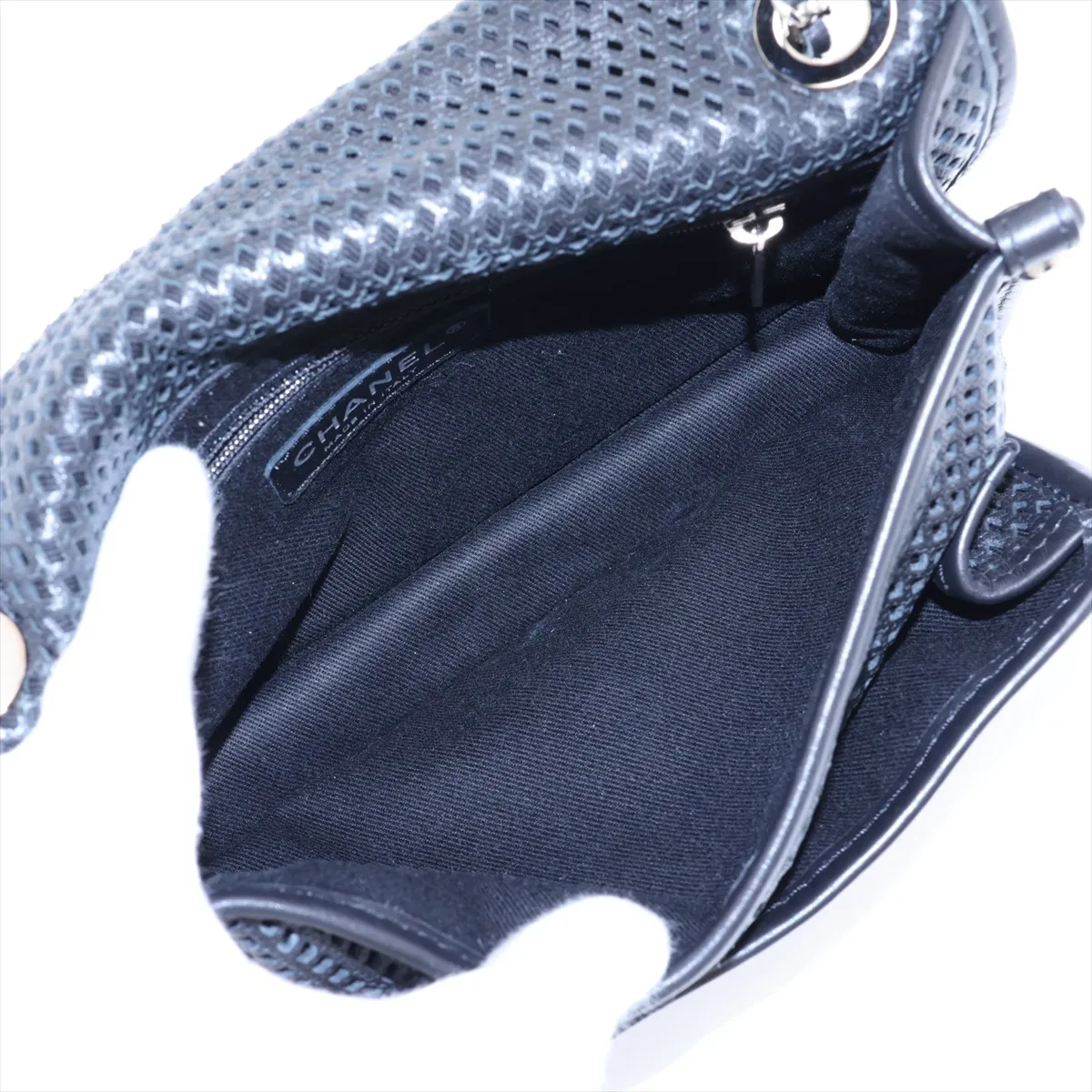 French Riviera Perforated Leather Single Flap Single Chain Bag, Black with Silver Hardware, Item No. 17499364 (Serial No. 17) — view 7