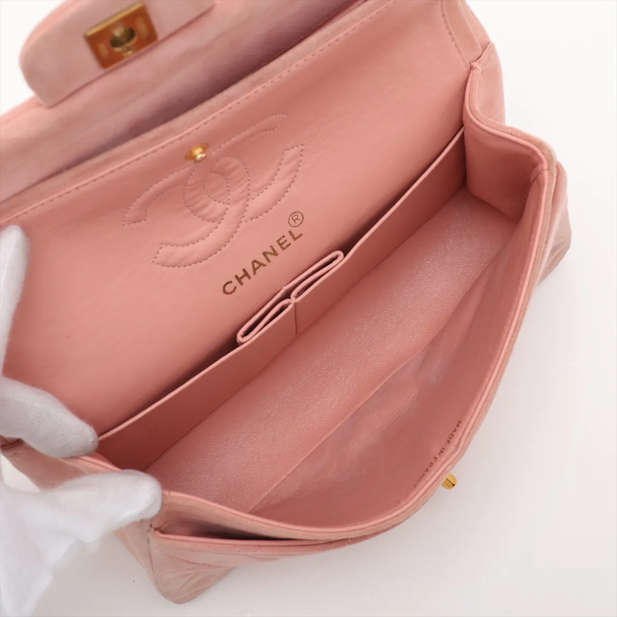 Matelassé 23 Small Suede Double Flap Double Chain Bag, Pink with Gold Hardware, 3300160, Series 3, A01113 — view 7
