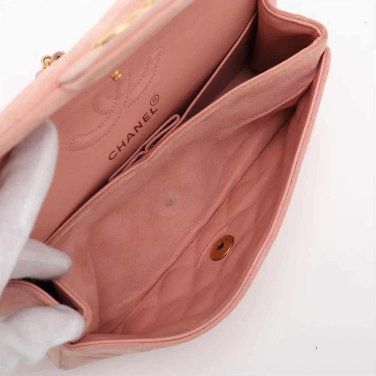 Matelassé 23 Small Suede Double Flap Double Chain Bag, Pink with Gold Hardware, 3300160, Series 3, A01113 — view 8