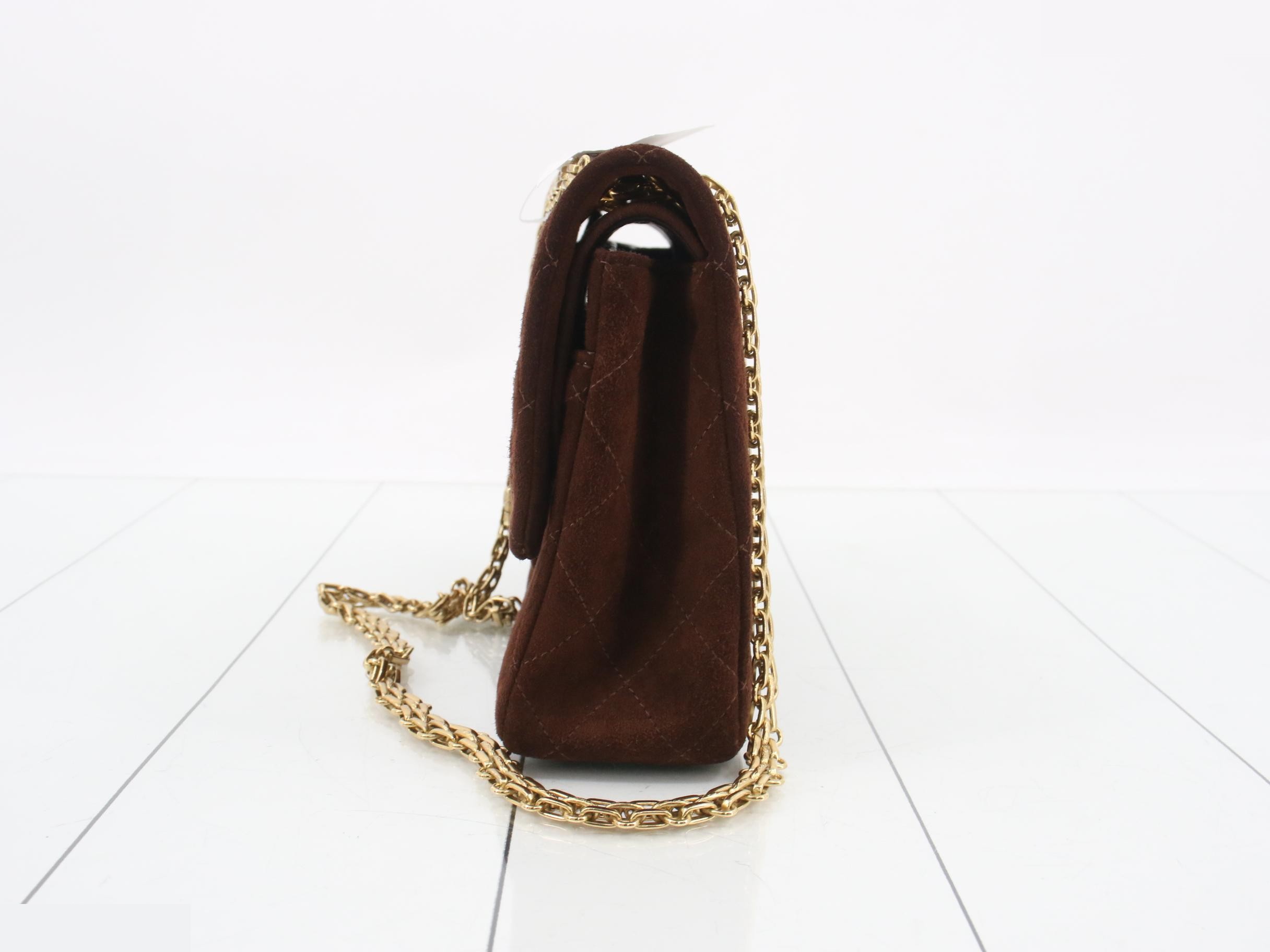 Matelassé 2.55 Suede Double Flap Double Chain Shoulder Bag, Brown — view 3