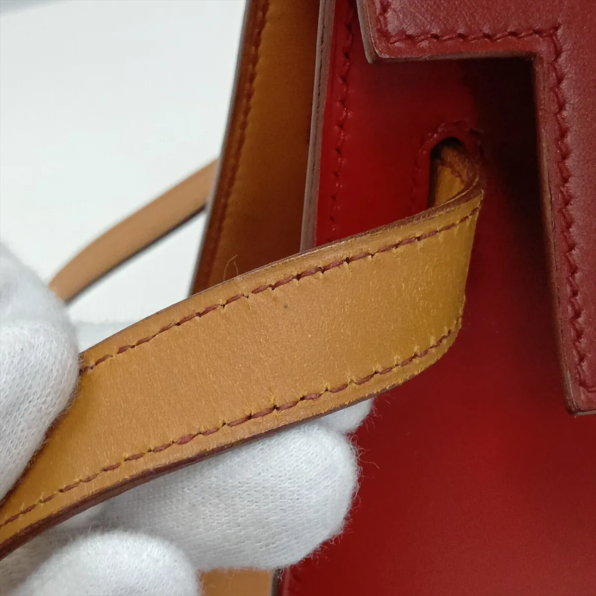 [Individually packaged] Hermes Kelly 32 Sellier Box Calf Rouge Vif x Natural x Rouge H Gold hardware W: 1993 — view 14