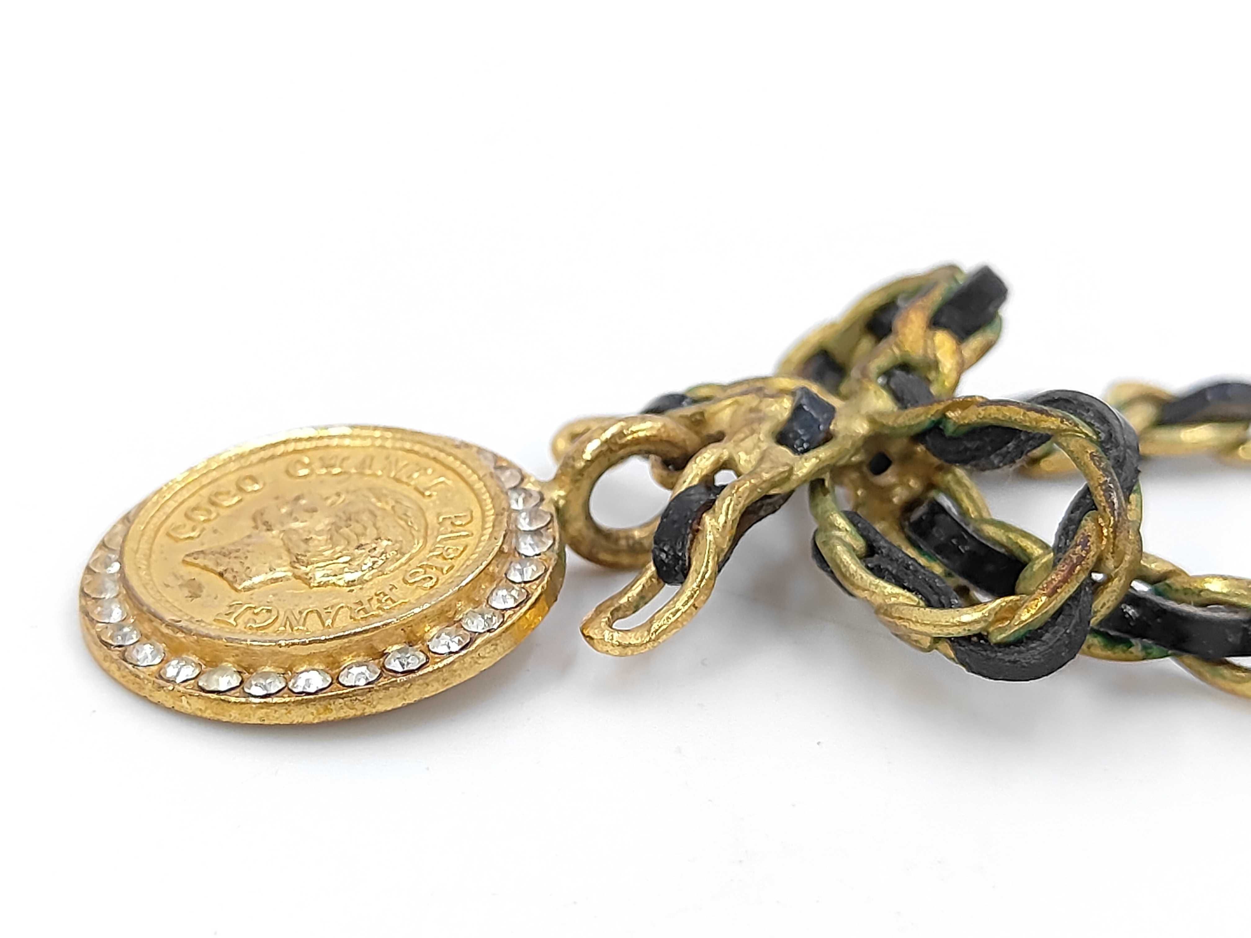 Gold Plated Leather Rhinestone Coin Necklace, Black, with Box. — view 2