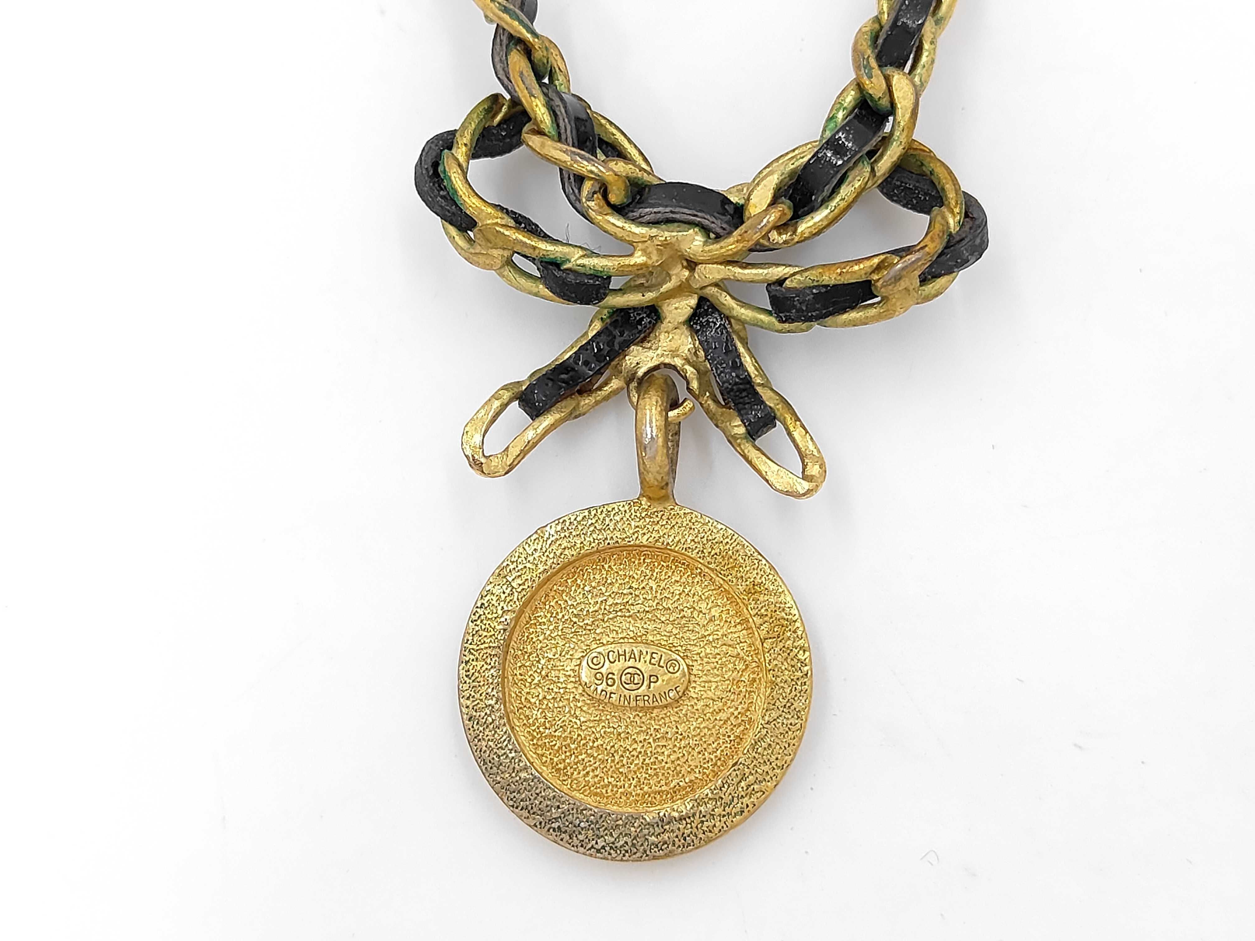 Gold Plated Leather Rhinestone Coin Necklace, Black, with Box. — view 3