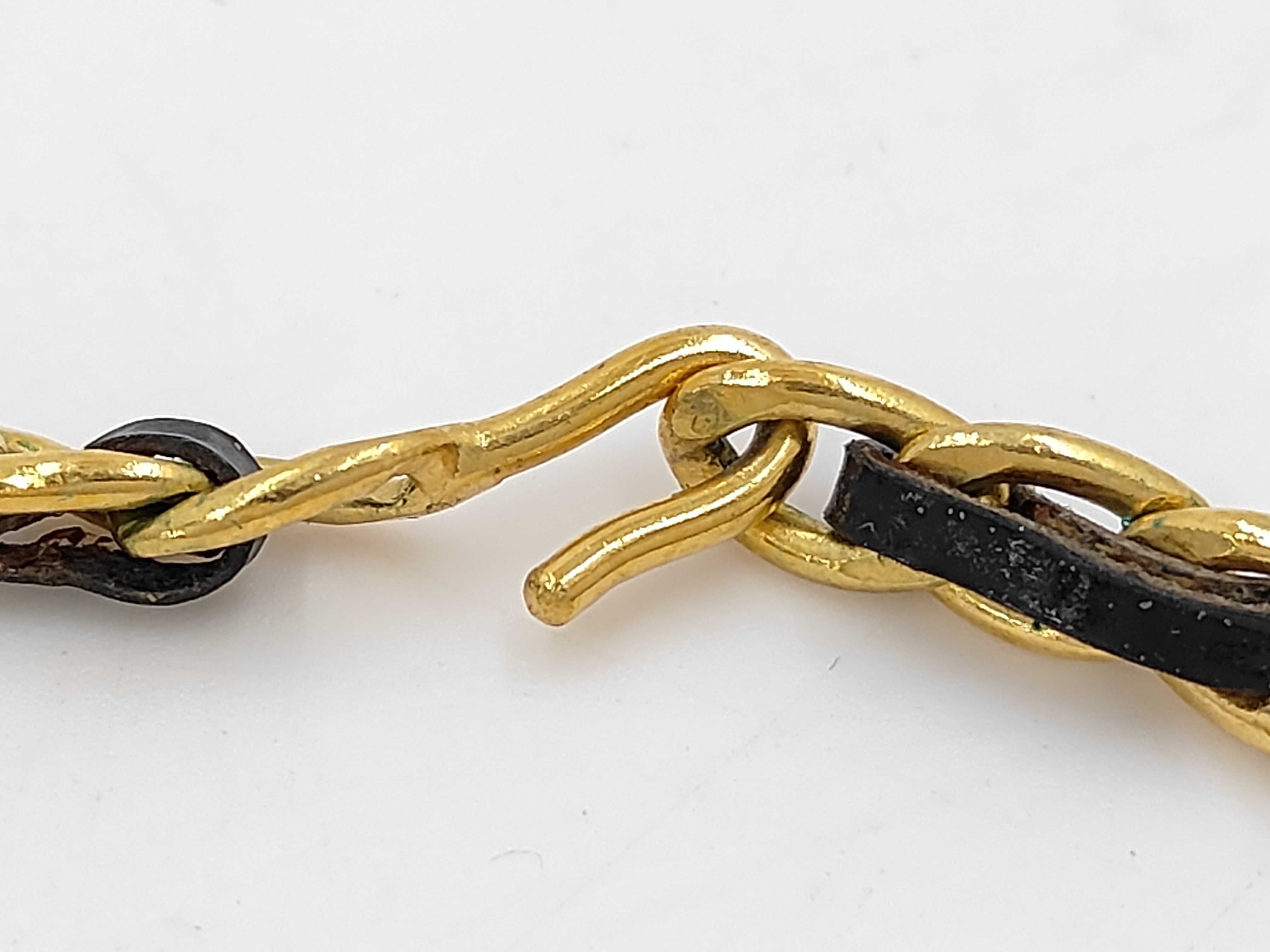 Gold Plated Leather Rhinestone Coin Necklace, Black, with Box. — view 5