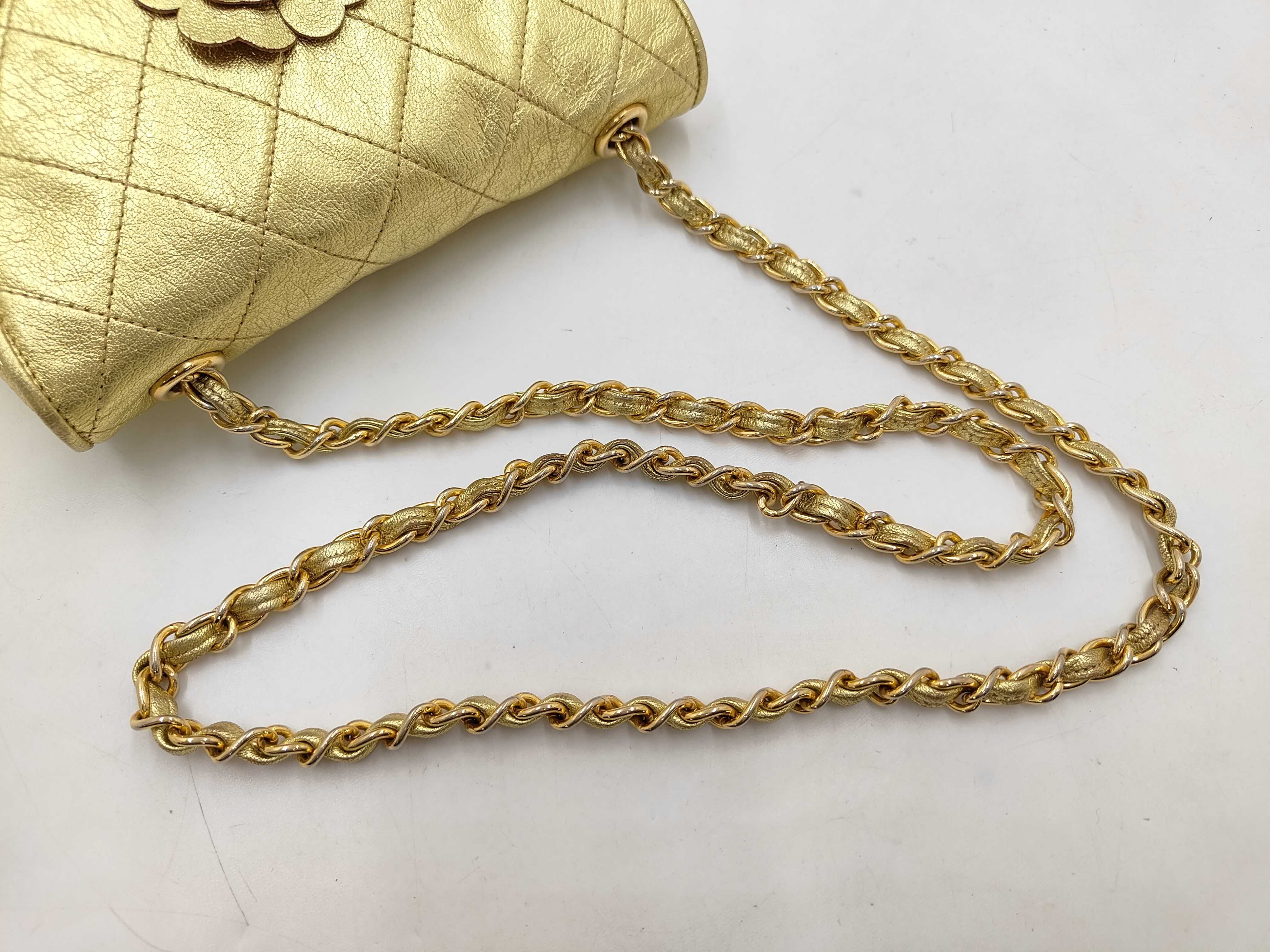 Camellia Leather Chain Shoulder Bag, Gold, Gold Hardware — view 3