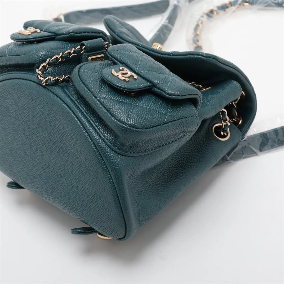 [Individually packaged] Chanel Matelassé Caviar Skin Chain Backpack, Green with Gold Hardware, K375E0C3, Random Plate — view 3