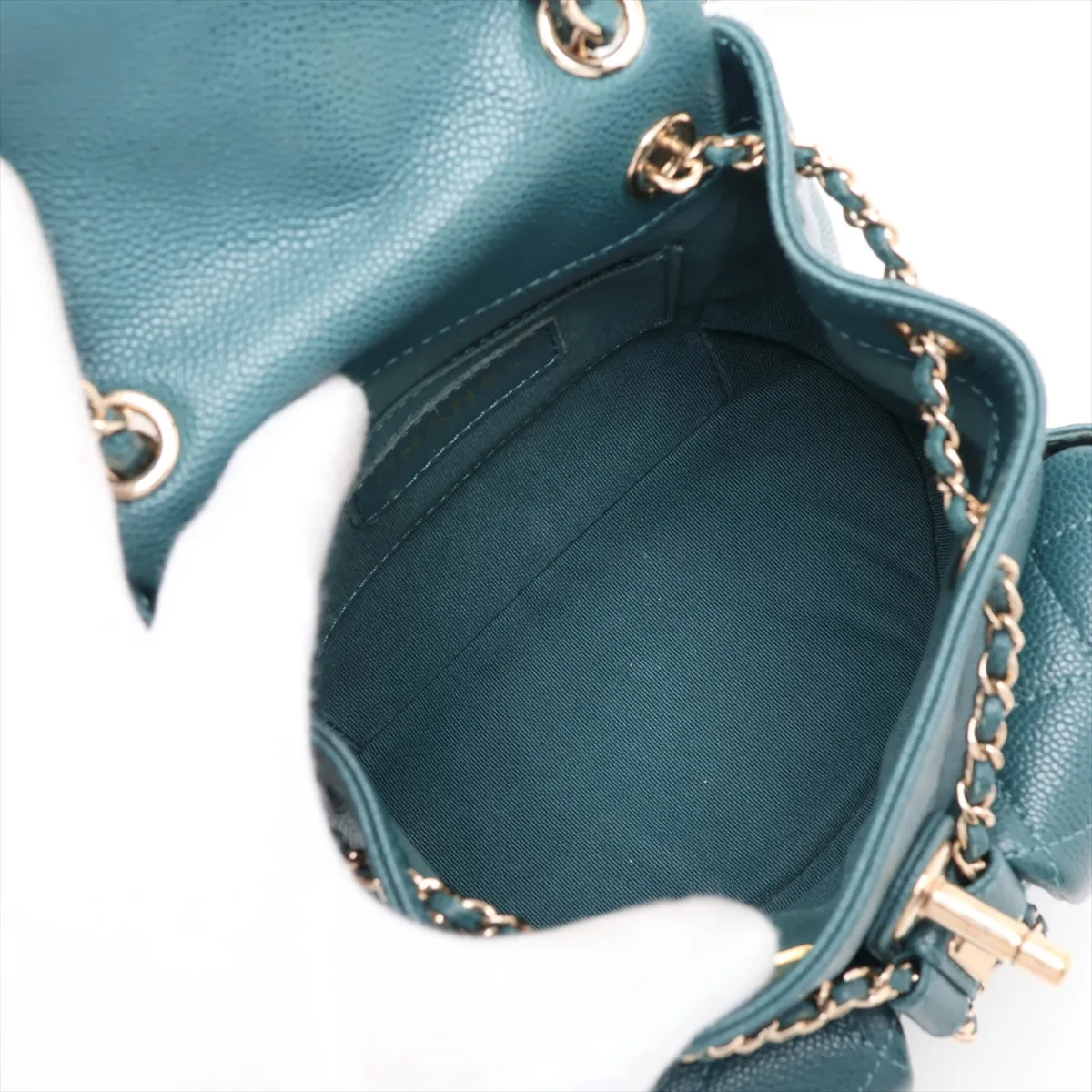 [Individually packaged] Chanel Matelassé Caviar Skin Chain Backpack, Green with Gold Hardware, K375E0C3, Random Plate — view 7