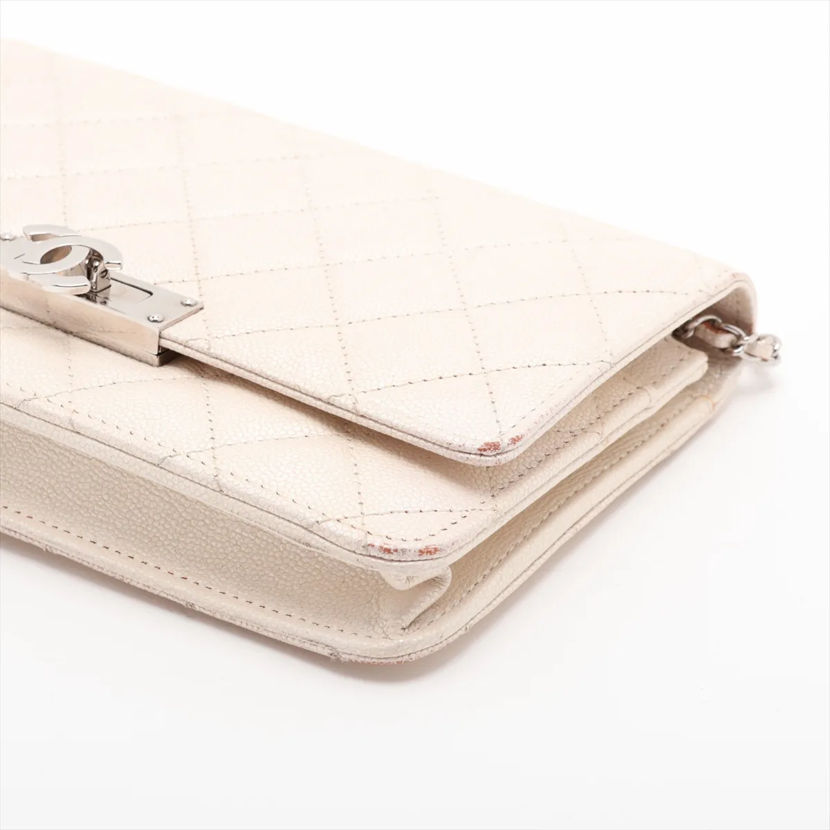 Matelassé Caviar Skin Chain Wallet, White, Silver Hardware, 28783971, Serial Number 28 — view 3