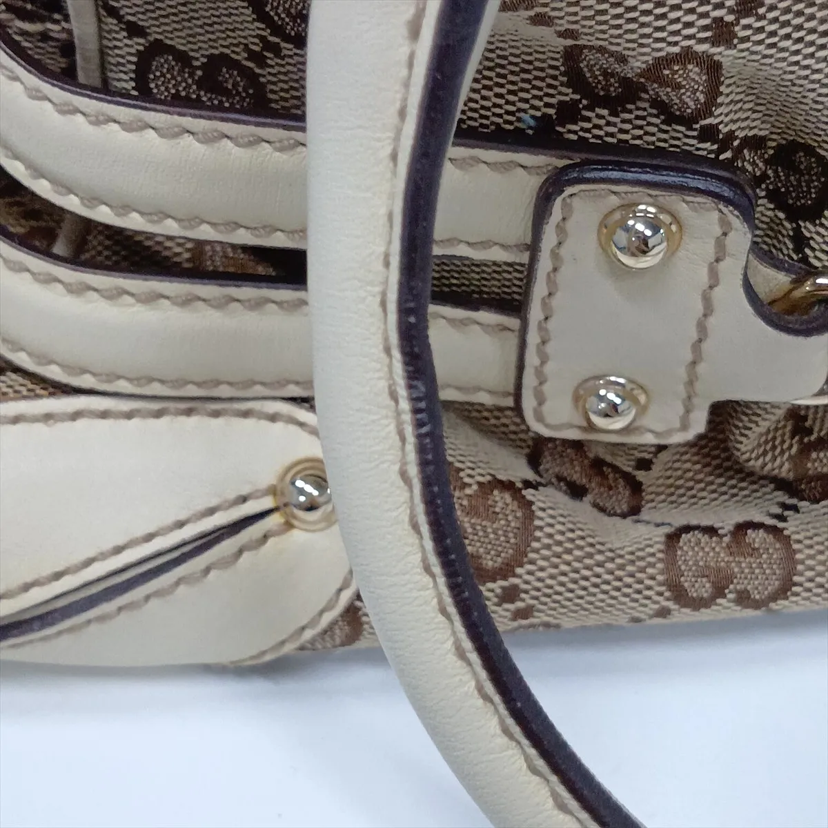GG Canvas Bamboo Canvas x Leather Handbag Beige x White — view 11
