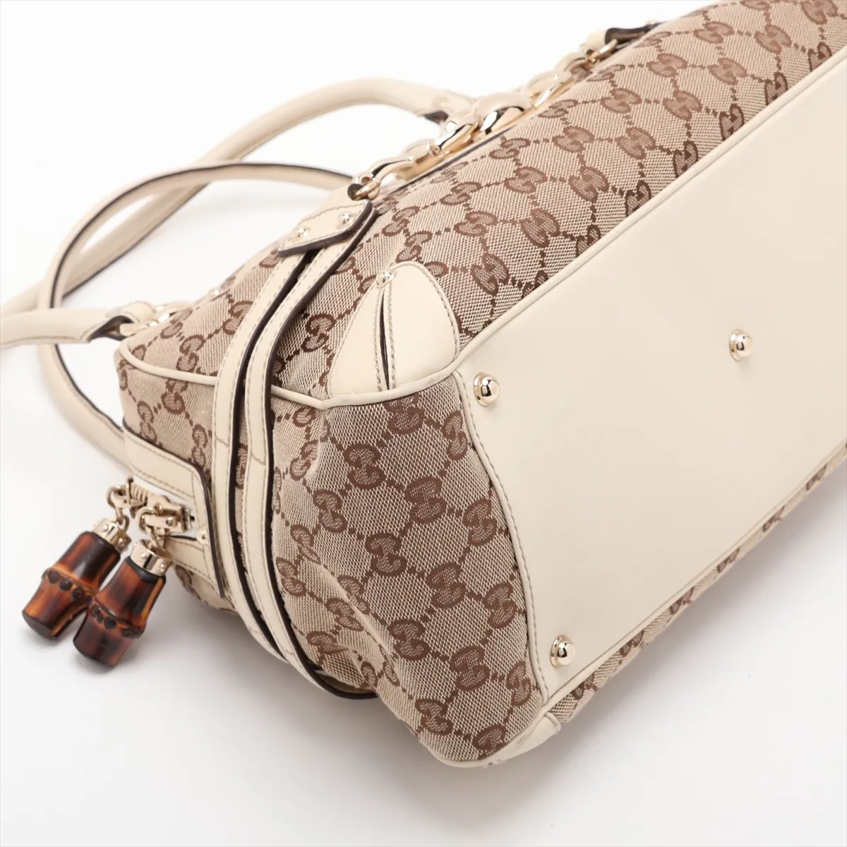 GG Canvas Bamboo Canvas x Leather Handbag Beige x White — view 4