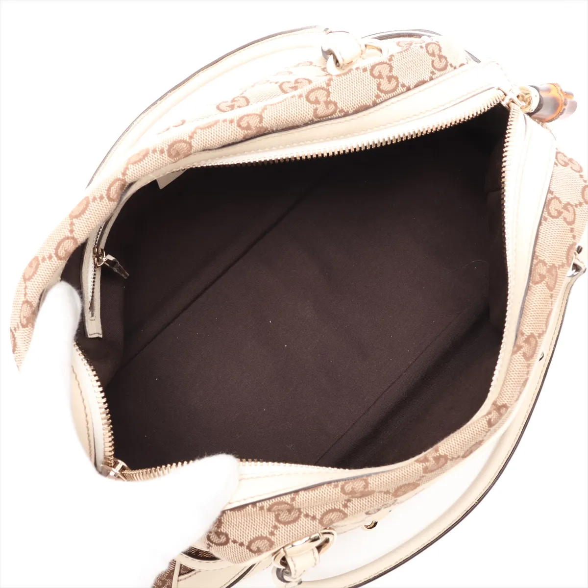 GG Canvas Bamboo Canvas x Leather Handbag Beige x White — view 7