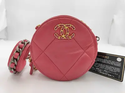 Hot Pink Lambskin Leather Bag with Silver Hardware, Gold Plated Hardware, and Ruthenium Hardware (Model 19, Series 29) - Round Shape, Chain Shoulder Bag