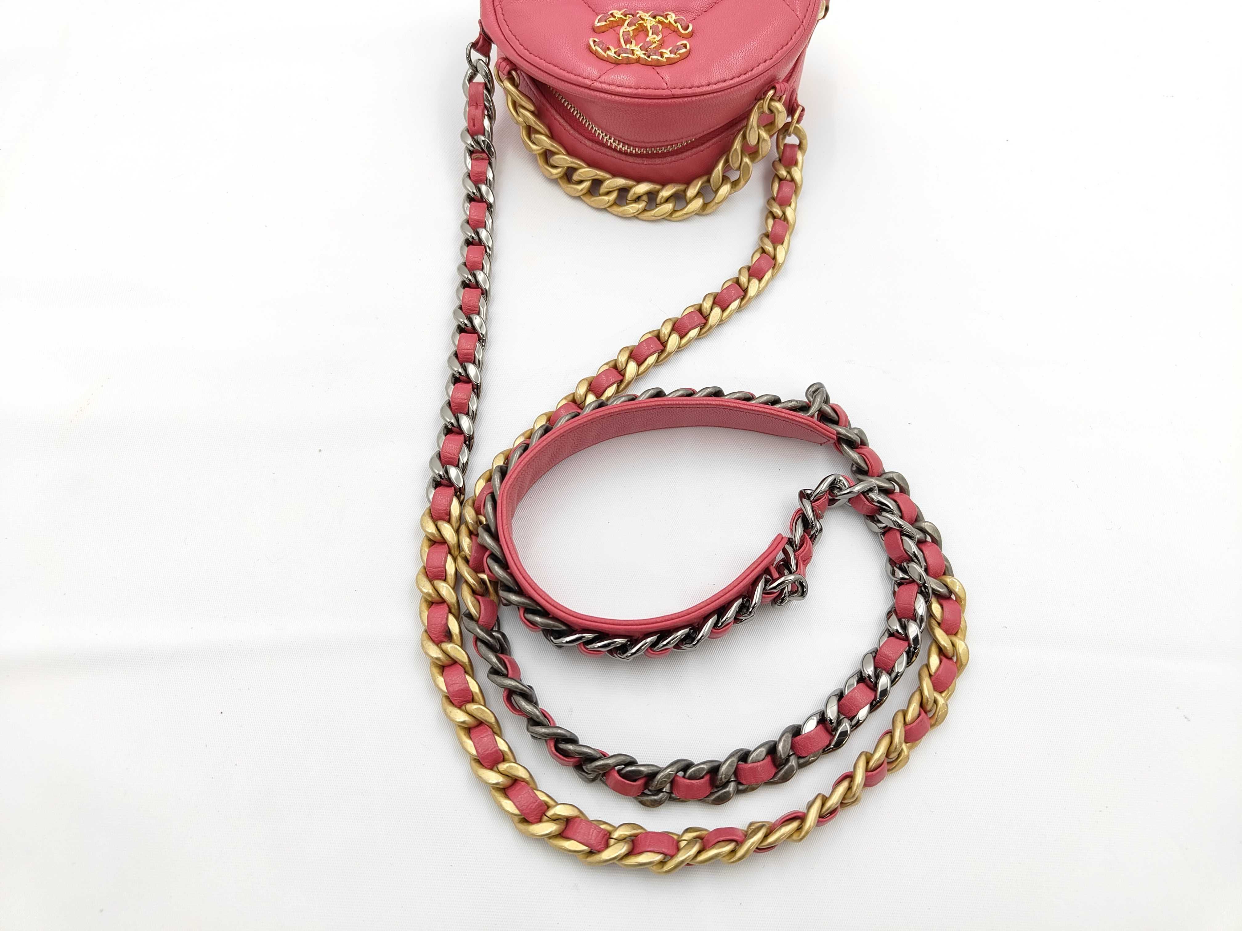 Hot Pink Lambskin Leather Bag with Silver Hardware, Gold Plated Hardware, and Ruthenium Hardware (Model 19, Series 29) - Round Shape, Chain Shoulder Bag — view 3