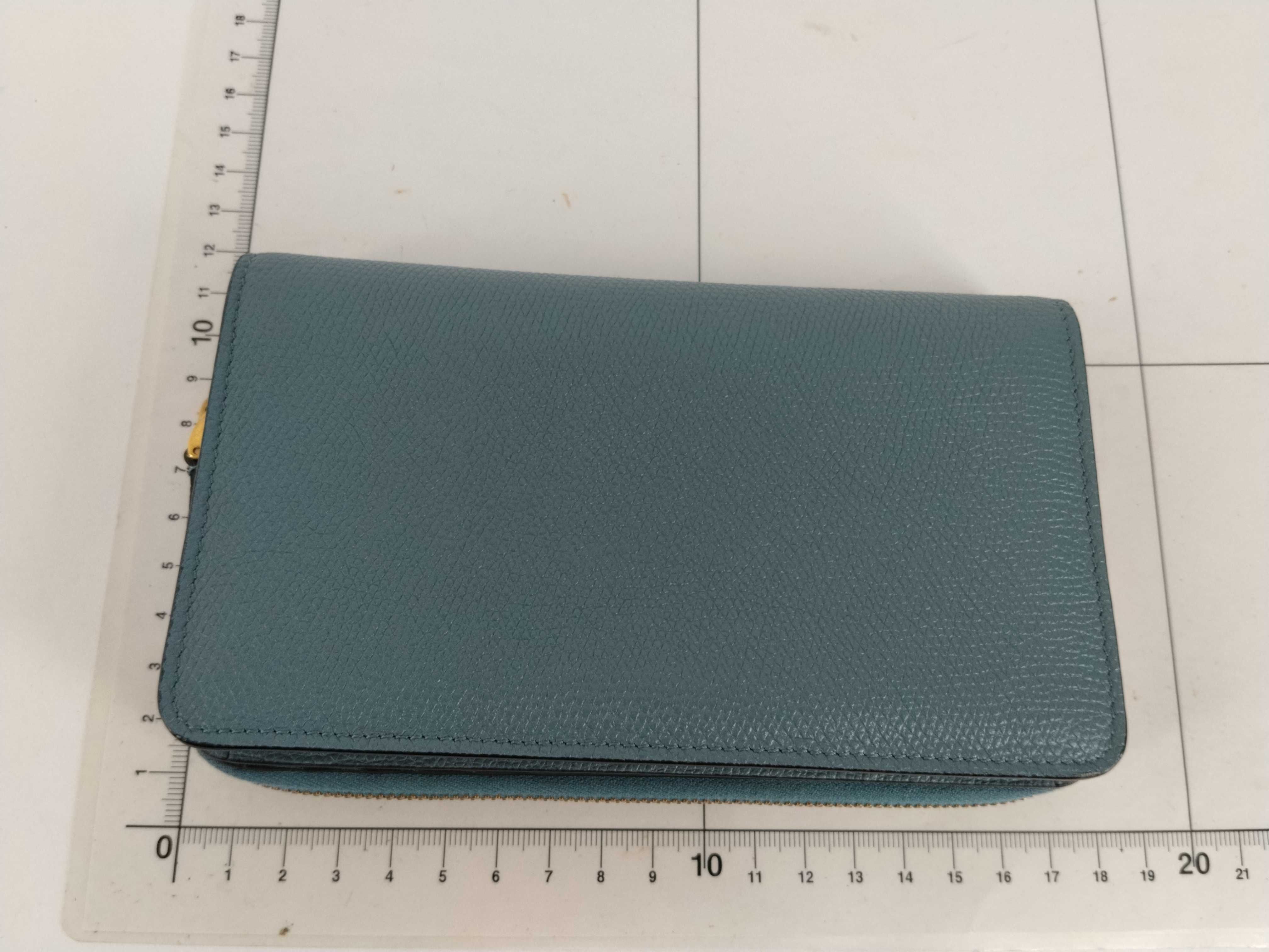 V logo light blue leather round zipper long wallet with box, dust bag, and product tag. — view 2