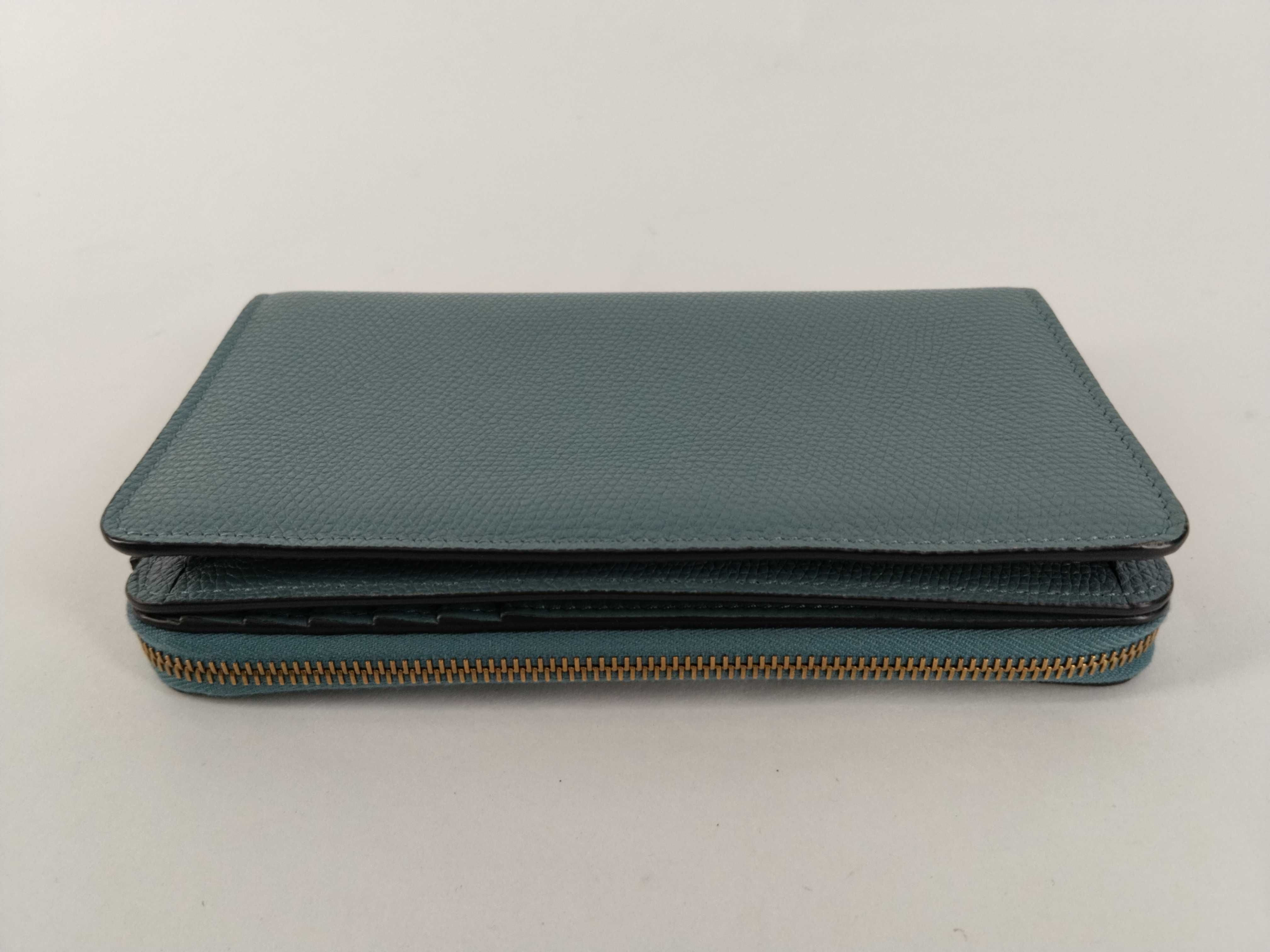 V logo light blue leather round zipper long wallet with box, dust bag, and product tag. — view 5