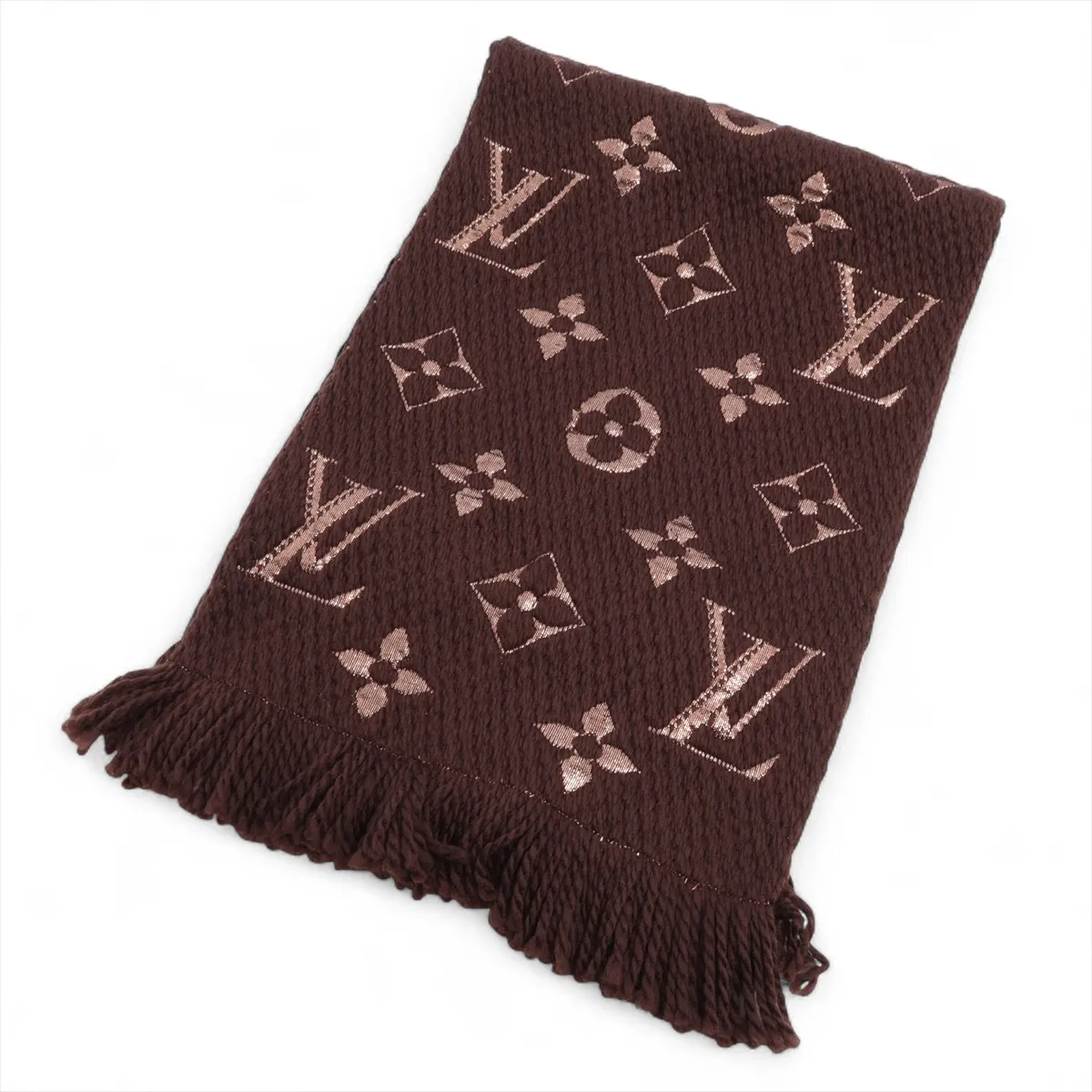 M71383 Echarpe Logomania Shine IS1220 Scarf, Wool x Silk x Polyester, Brown x Gold. Shows signs of wear,