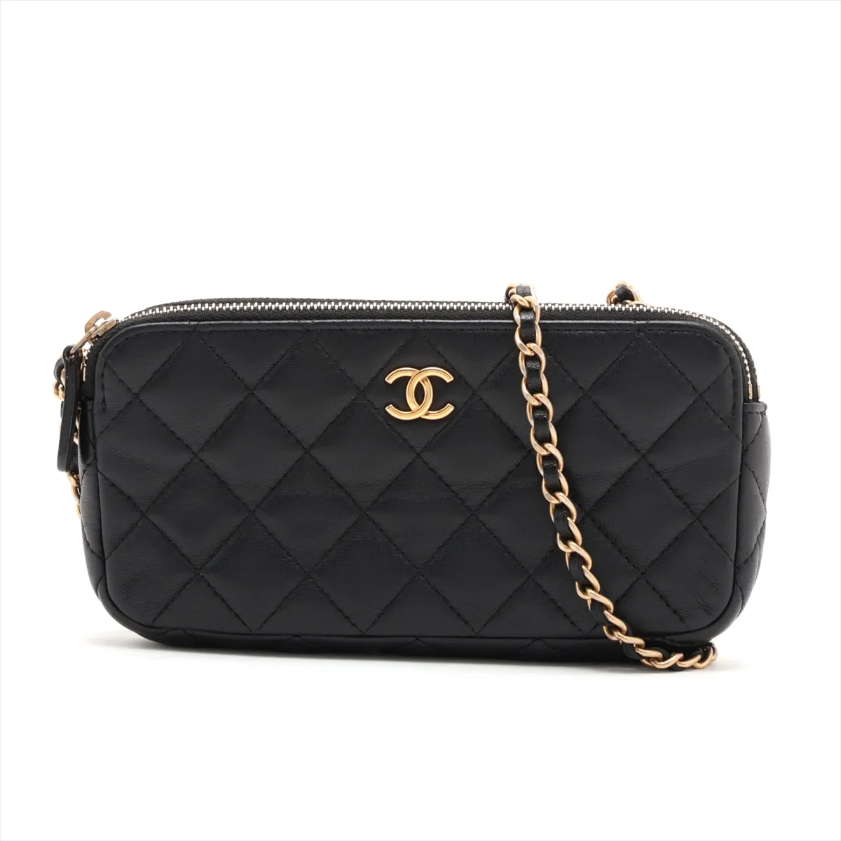 Matelassé Lambskin Chain Wallet, Black with Gold Hardware, 28039480, Serial Number 28