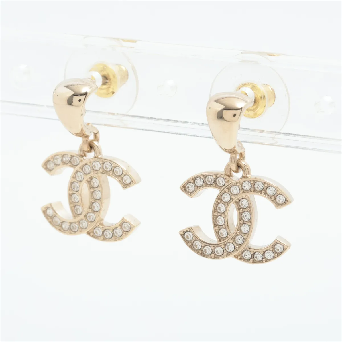 Coco Mark B25V Earrings (Pair) GP x Rhinestone Gold. Shows signs of wear, — view 3