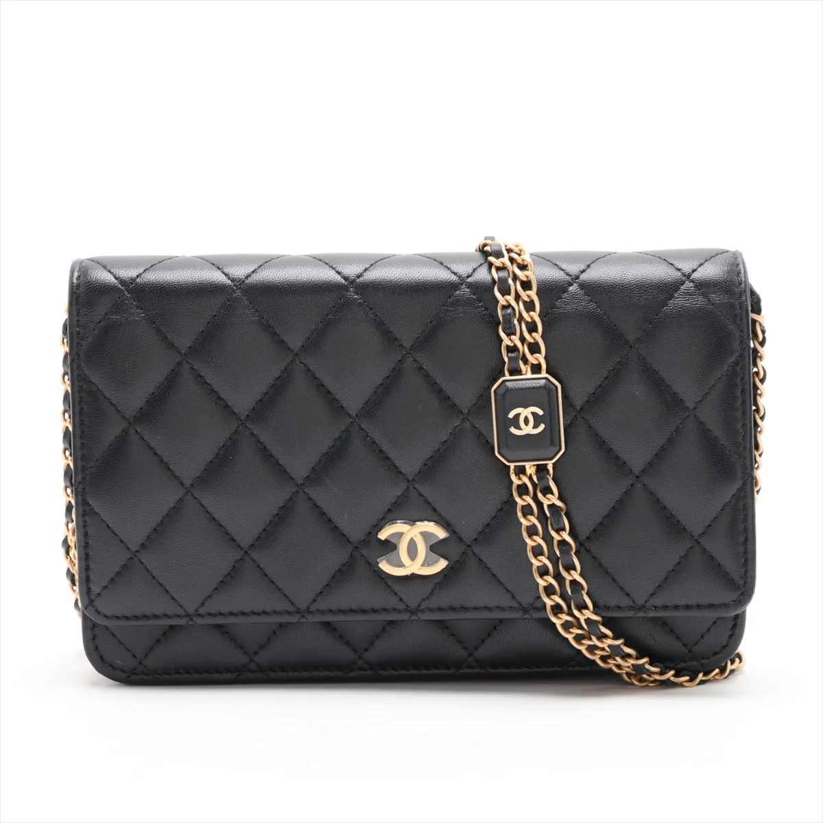 Matelassé Lambskin Chain Wallet, Black with Gold Hardware, AXJ7H8JE, Random Plate