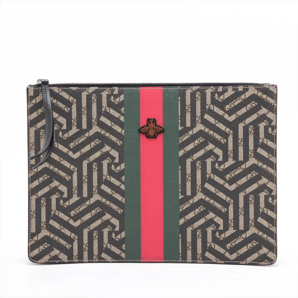 GG Kaleido 429004 PVC x Leather Clutch Bag, Black x Beige