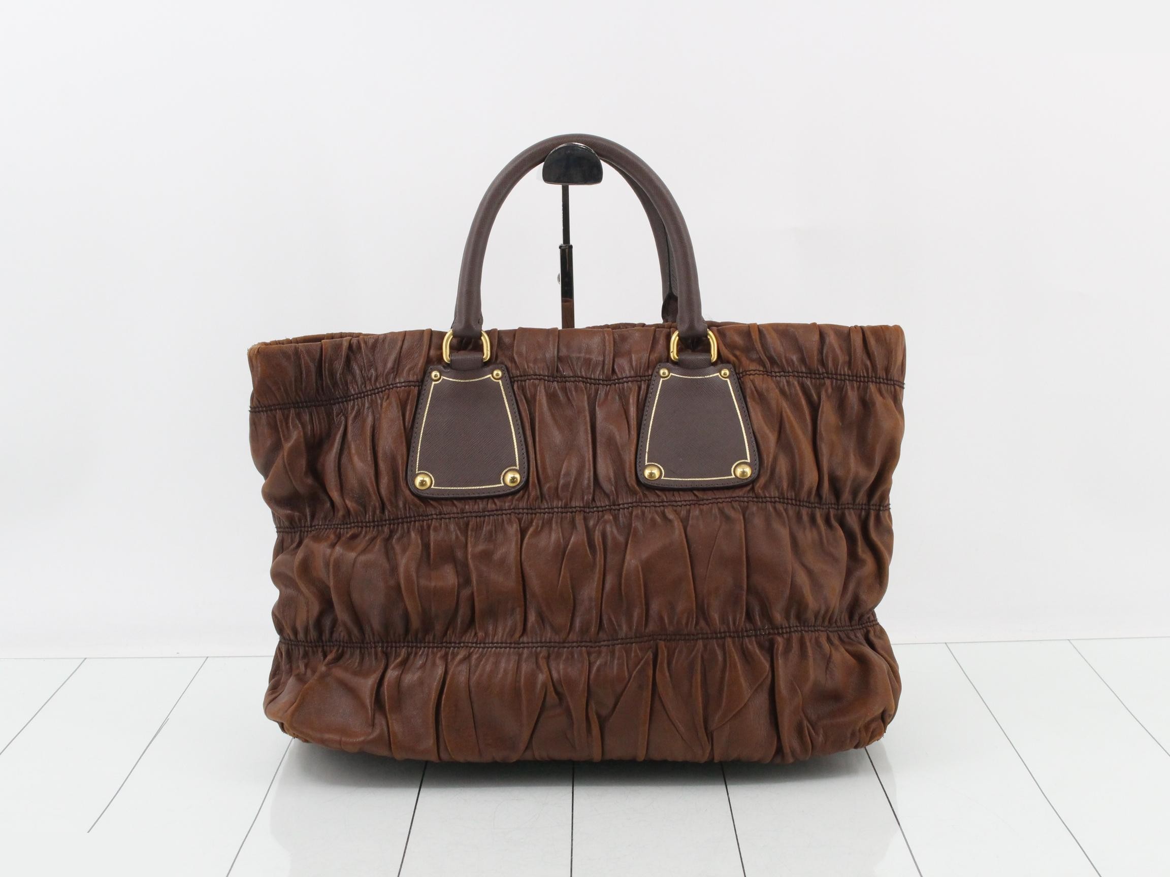 Nappa Gaufre Gathered Tote Bag/Handbag, Brown — view 2