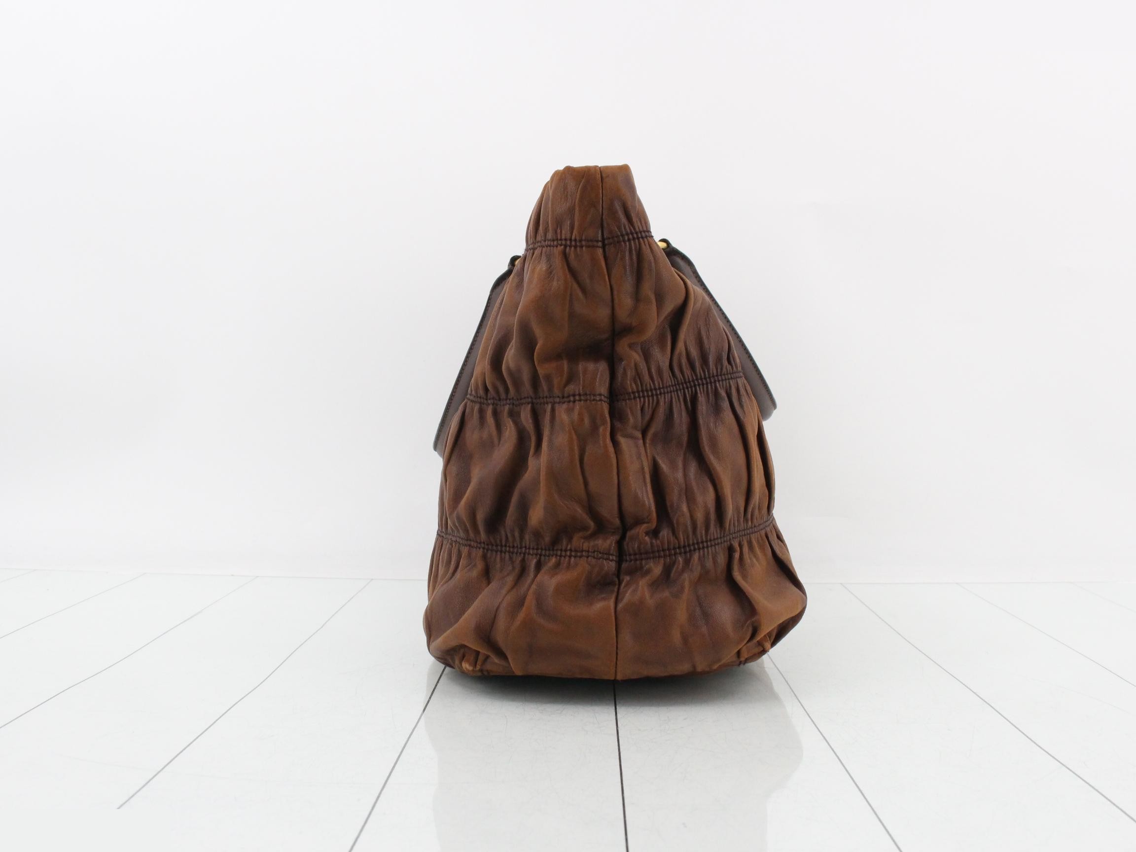Nappa Gaufre Gathered Tote Bag/Handbag, Brown — view 4