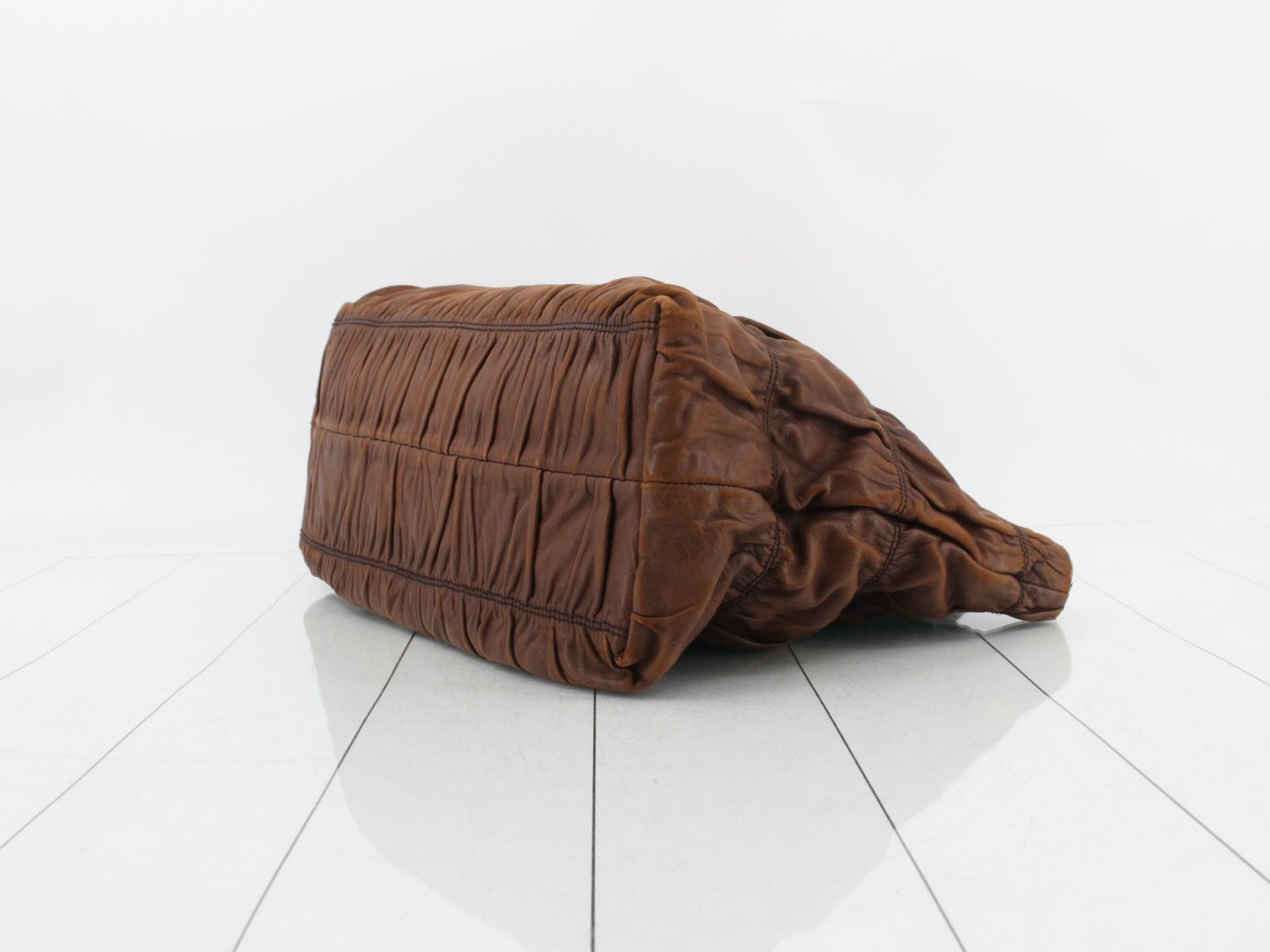 Nappa Gaufre Gathered Tote Bag/Handbag, Brown — view 6