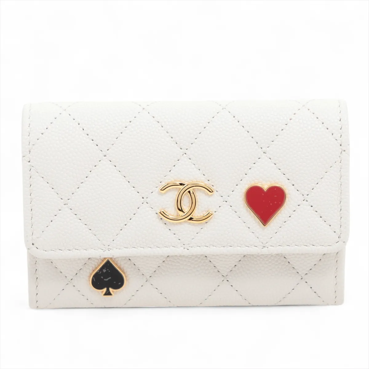 Matelassé Caviar Skin Card Case, White with Gold Hardware, L5K6K3E7