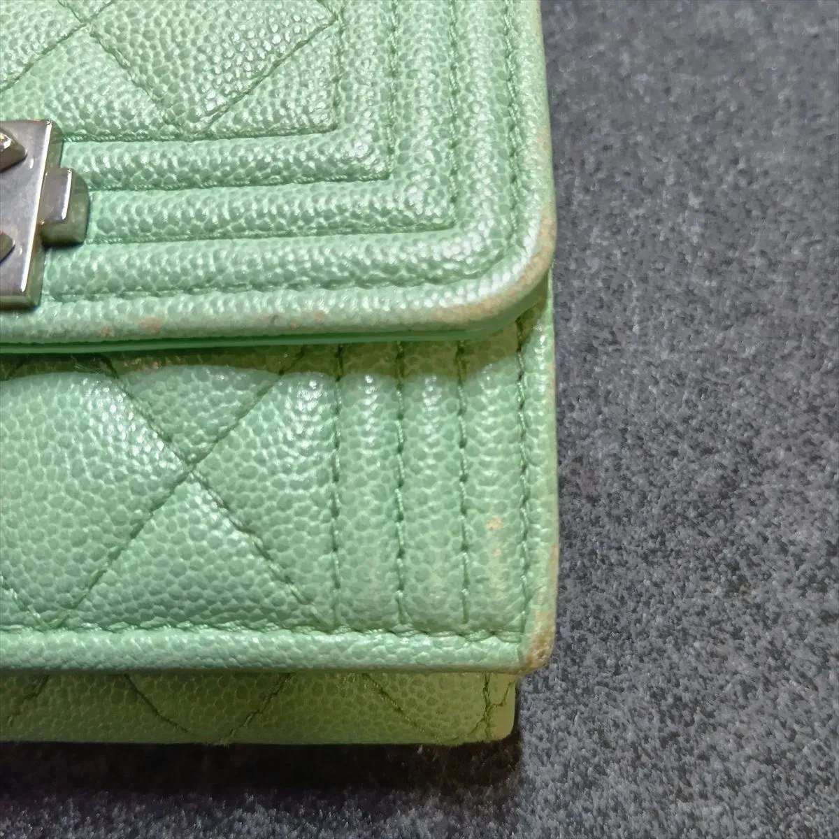 Boy Chanel Caviar Skin Compact Wallet, Green, Silver Hardware, N72X41J9 — view 11