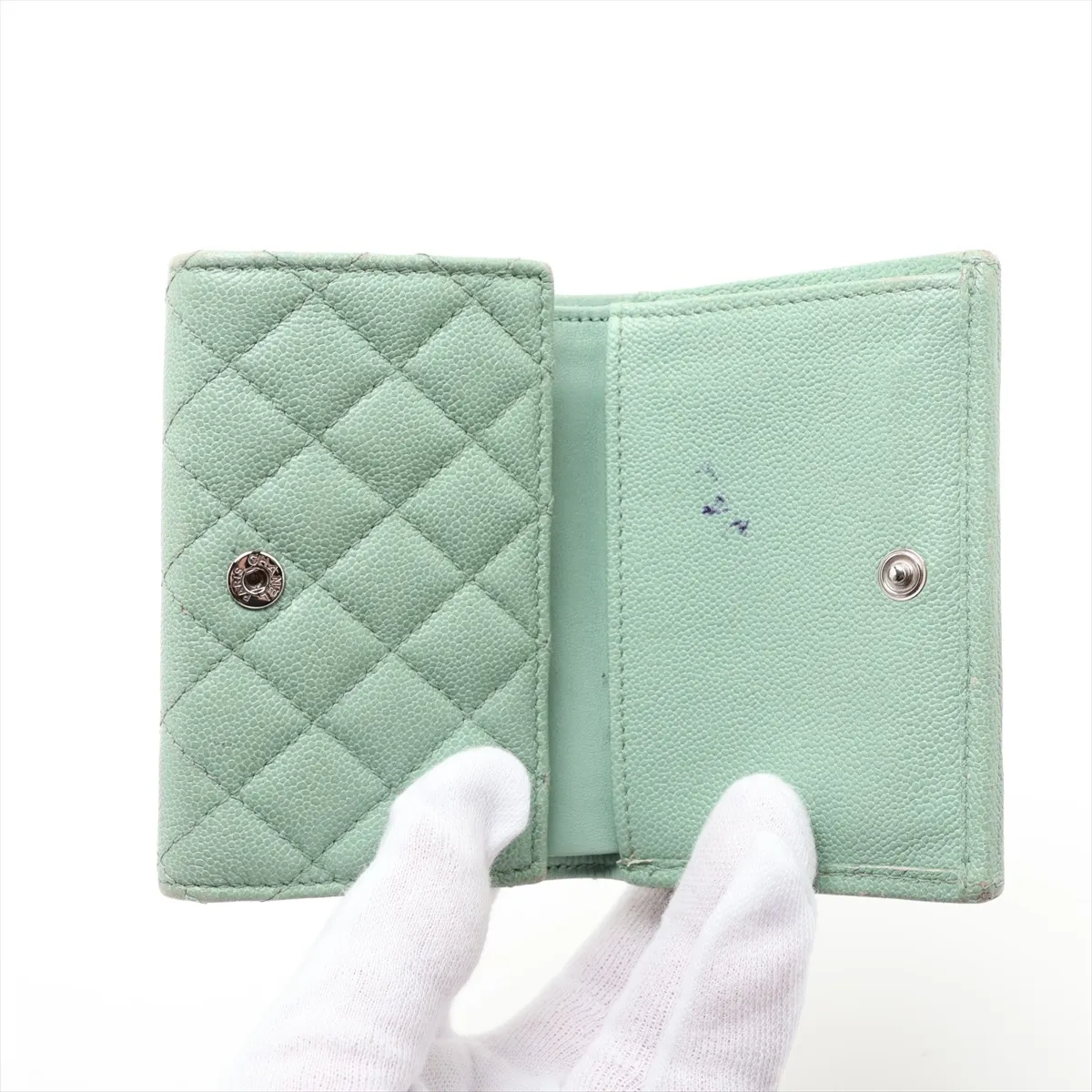 Boy Chanel Caviar Skin Compact Wallet, Green, Silver Hardware, N72X41J9 — view 3