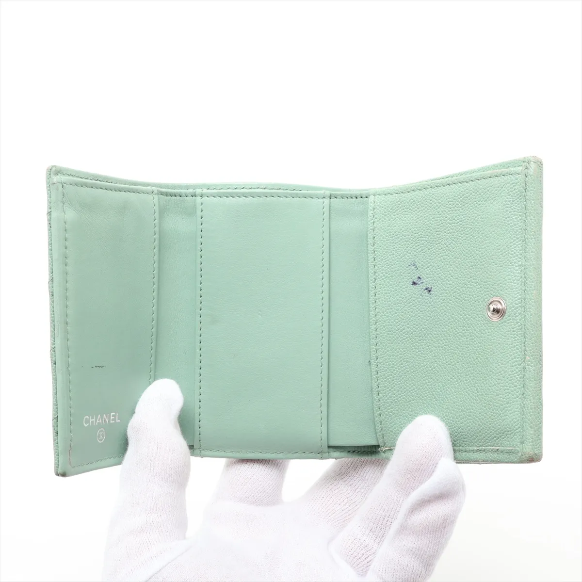 Boy Chanel Caviar Skin Compact Wallet, Green, Silver Hardware, N72X41J9 — view 4