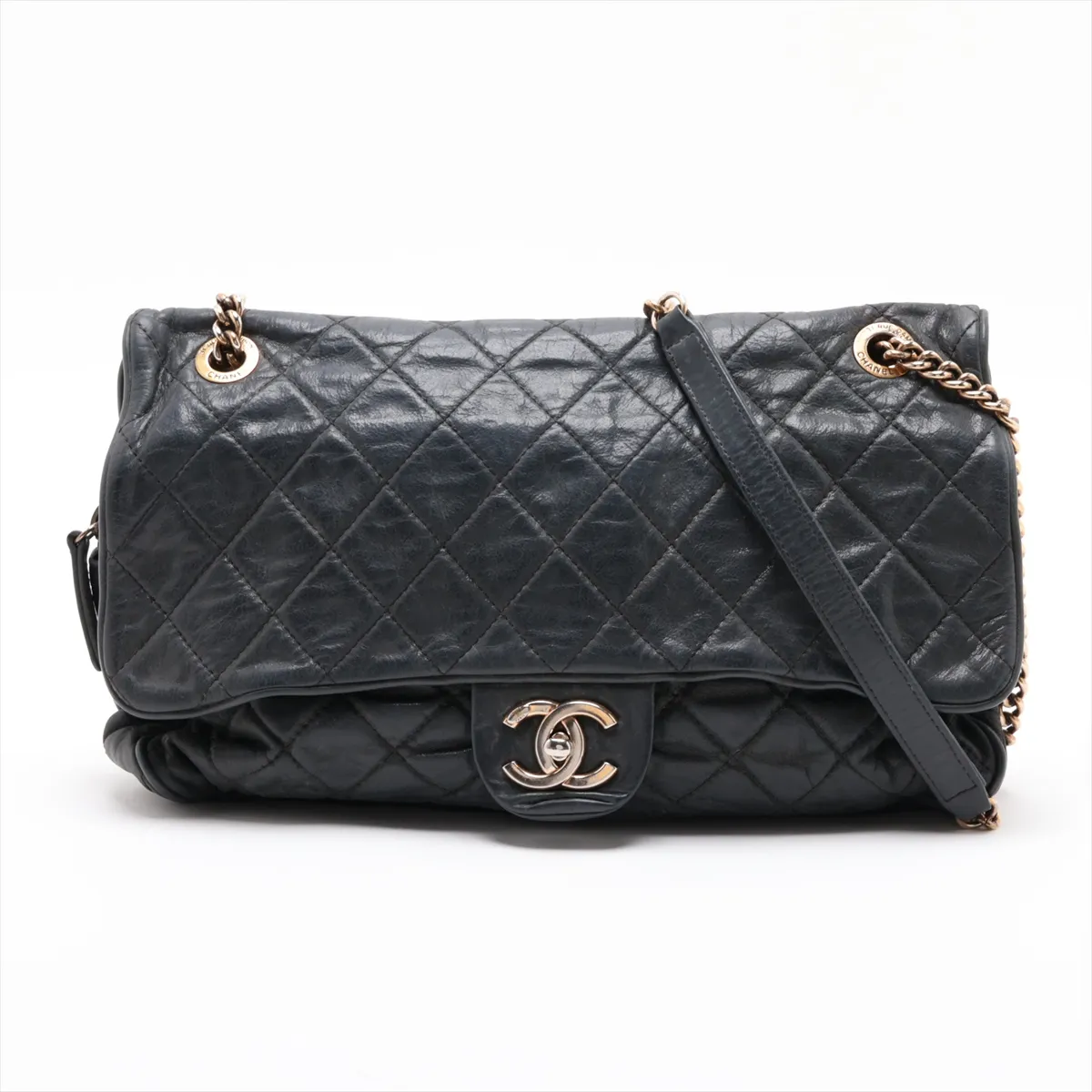 Matelassé Leather Single Flap Double Chain Bag, Gray with Gold Hardware, 17036305 (Serial Number 17)