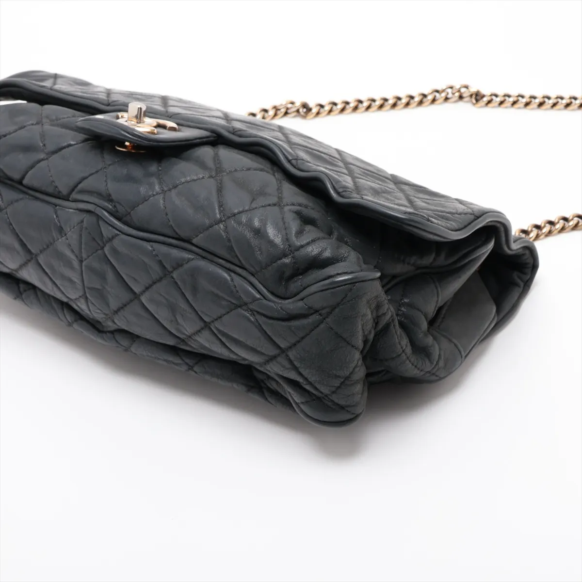Matelassé Leather Single Flap Double Chain Bag, Gray with Gold Hardware, 17036305 (Serial Number 17) — view 3