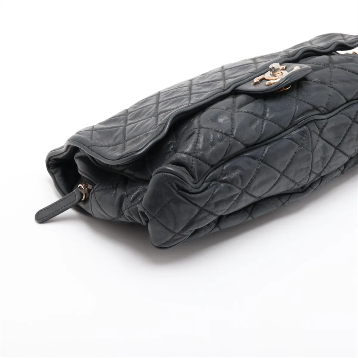 Matelassé Leather Single Flap Double Chain Bag, Gray with Gold Hardware, 17036305 (Serial Number 17) — view 4